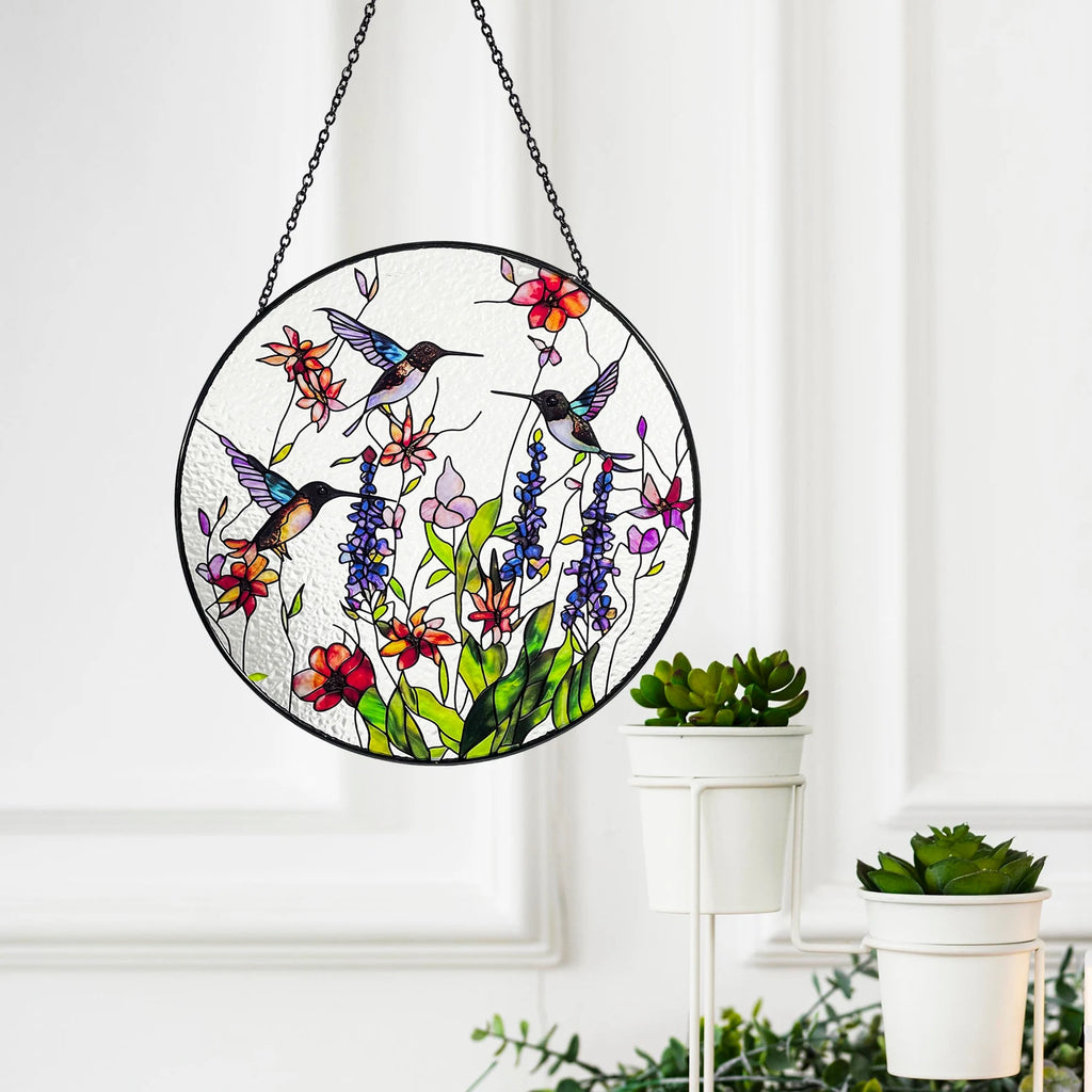 Hummingbirds and Wild Flowers Stained Glass Suncatcher, Indoor Decor, Window Hanging, Wall Art, Gifts for Women, Sun Catcher