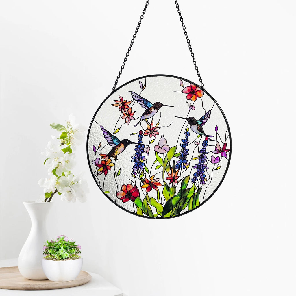 Hummingbirds and Wild Flowers Stained Glass Suncatcher, Indoor Decor, Window Hanging, Wall Art, Gifts for Women, Sun Catcher