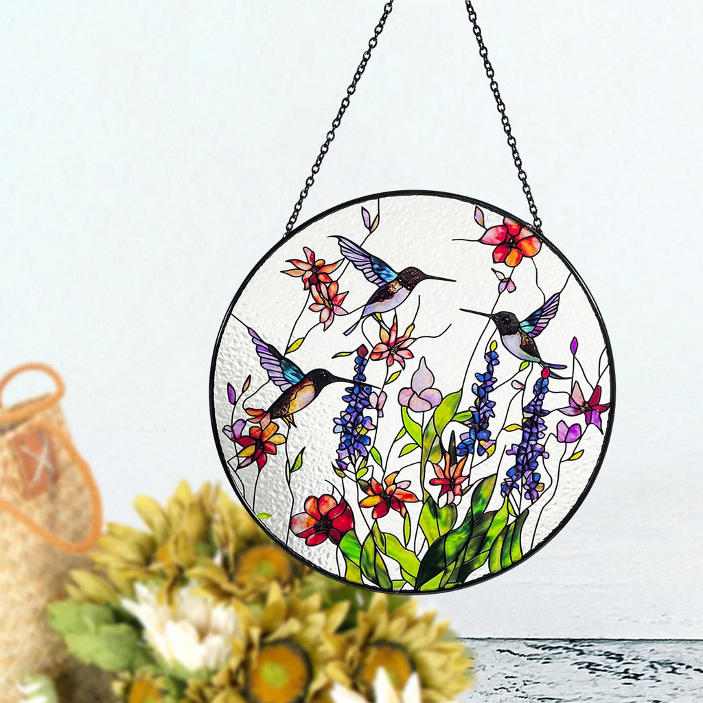 Hummingbirds and Wild Flowers Stained Glass Suncatcher, Indoor Decor, Window Hanging, Wall Art, Gifts for Women, Sun Catcher