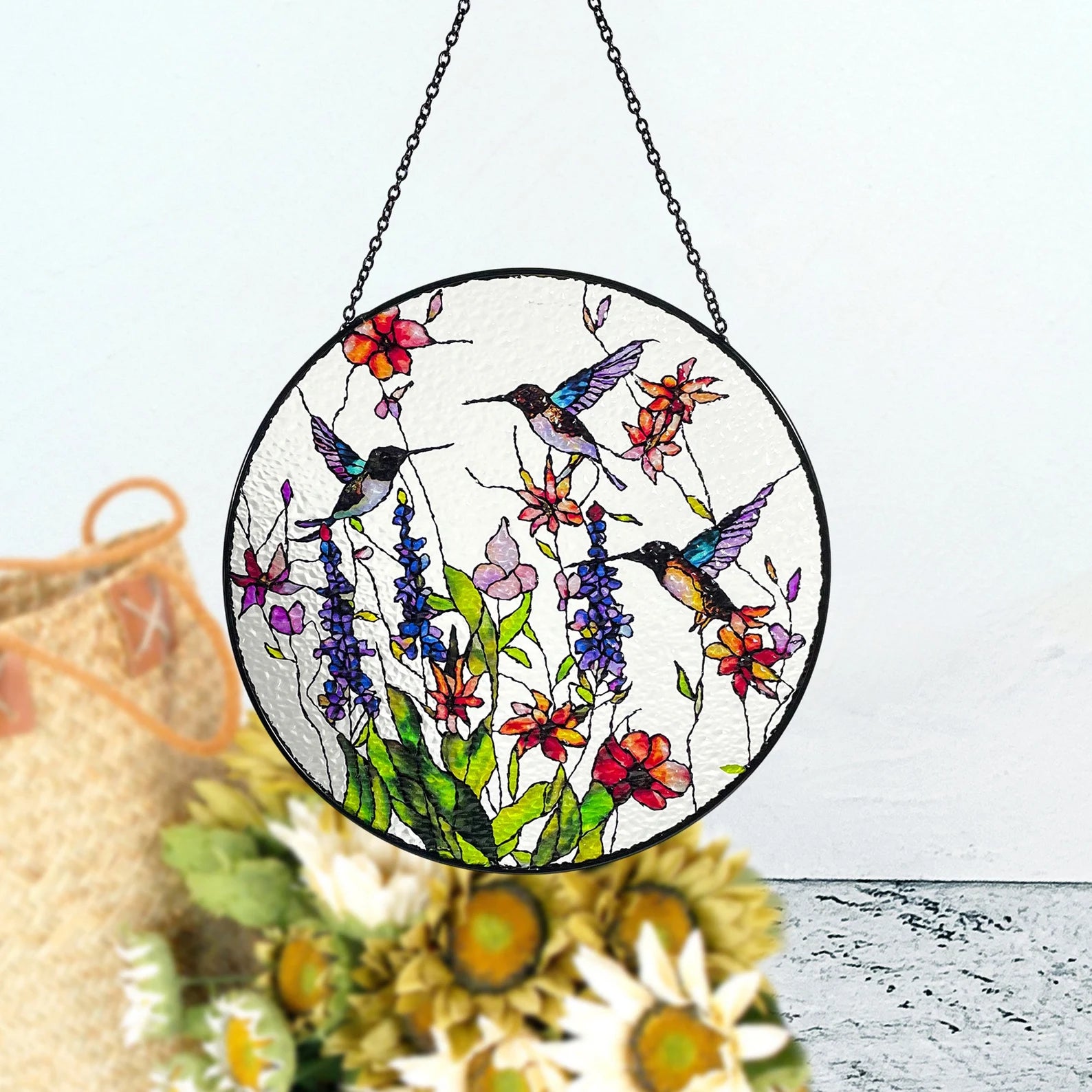 Hummingbirds and Wild Flowers Stained Glass Suncatcher, Indoor Decor, Window Hanging, Wall Art, Gifts for Women, Sun Catcher