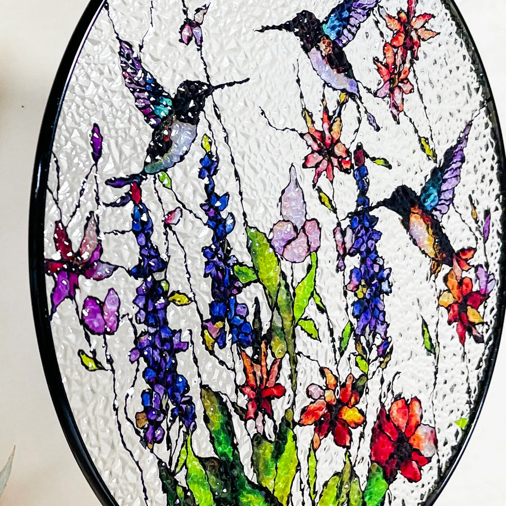 Hummingbirds and Wild Flowers Stained Glass Suncatcher, Indoor Decor, Window Hanging, Wall Art, Gifts for Women, Sun Catcher