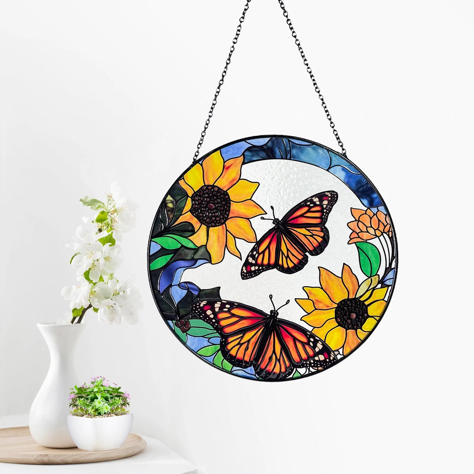 Monarch Butterflies and Sunflowers Stained Glass Suncatcher, Beautiful Sun Catcher, Gifts for Women, Window Hanging, Indoor Decor, Butterfly