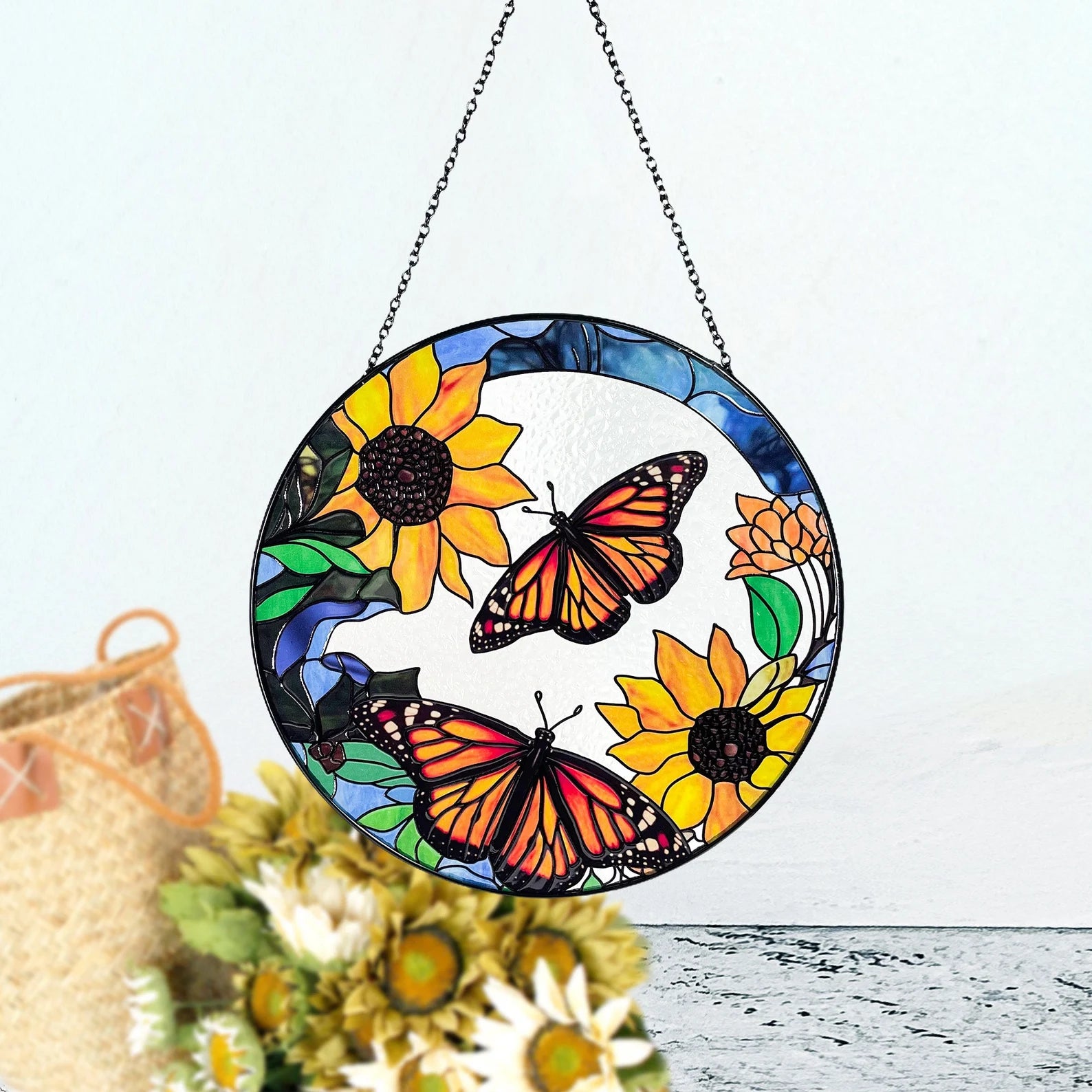 Monarch Butterflies and Sunflowers Stained Glass Suncatcher, Beautiful Sun Catcher, Gifts for Women, Window Hanging, Indoor Decor, Butterfly