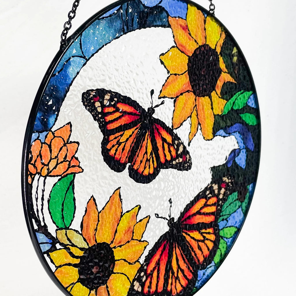Monarch Butterflies and Sunflowers Stained Glass Suncatcher, Beautiful Sun Catcher, Gifts for Women, Window Hanging, Indoor Decor, Butterfly