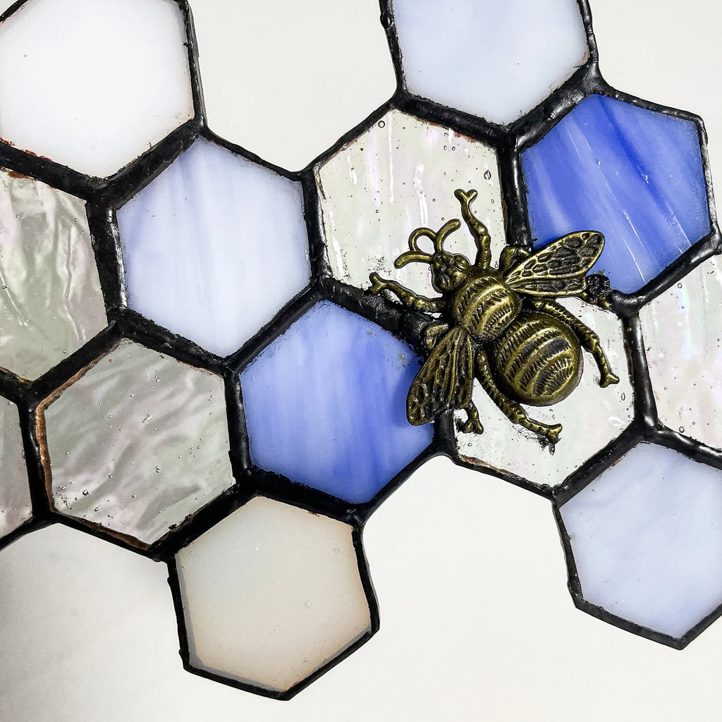 Blue Honeycomb Beehive Stained Glass SunCatcher - Gift for Bee Lovers