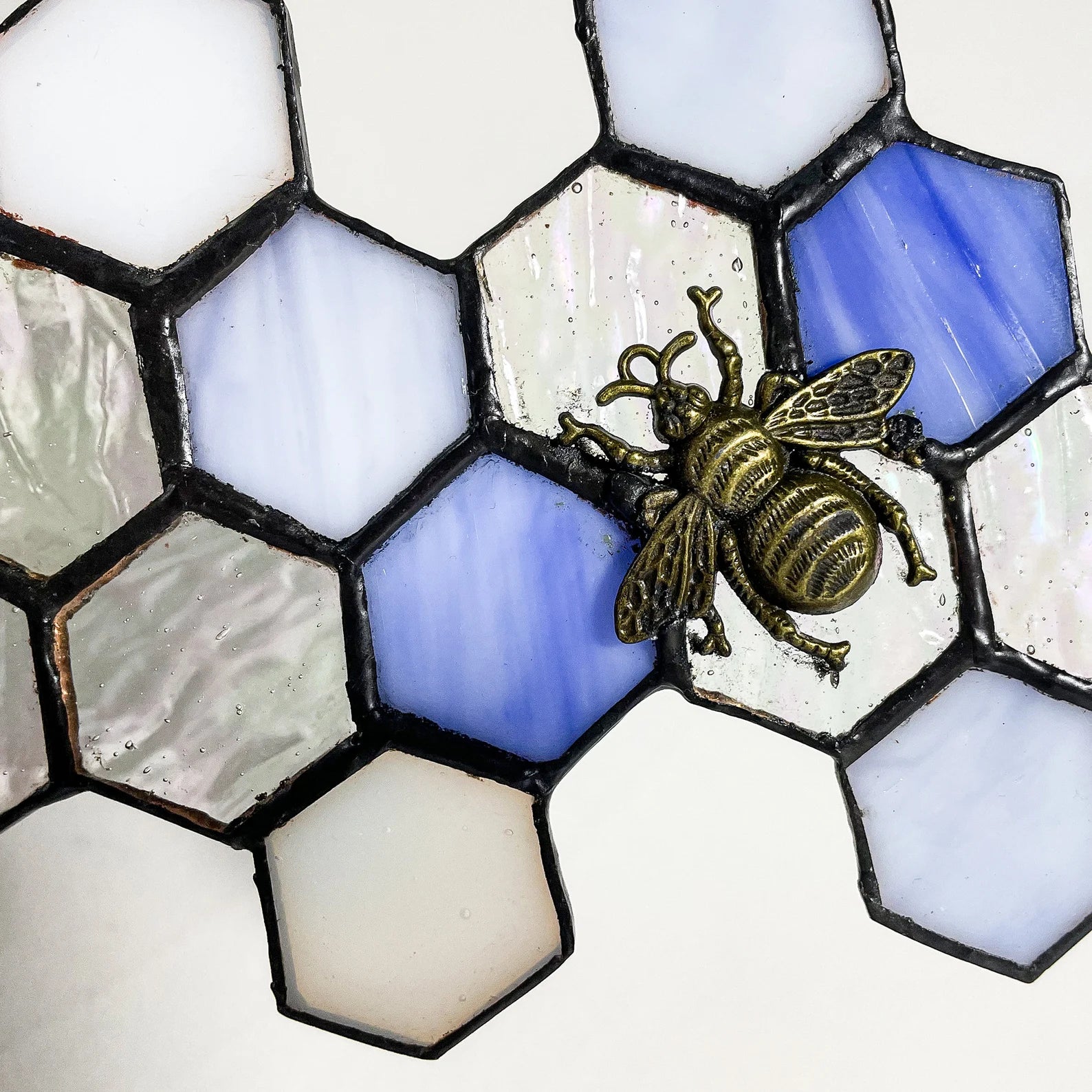 Blue Honeycomb Beehive Stained Glass SunCatcher - Gift for Bee Lovers