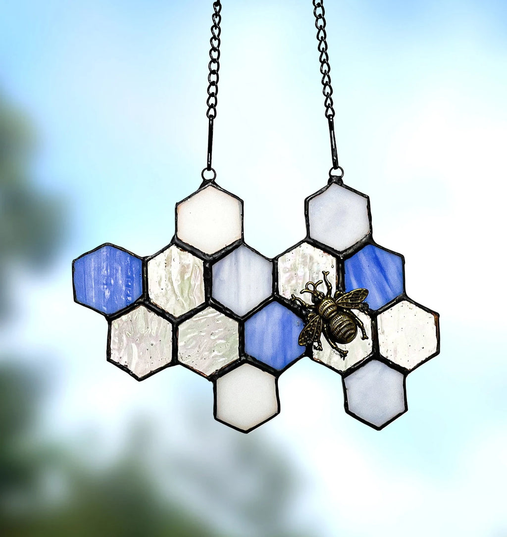 Blue Honeycomb Beehive Stained Glass SunCatcher - Gift for Bee Lovers