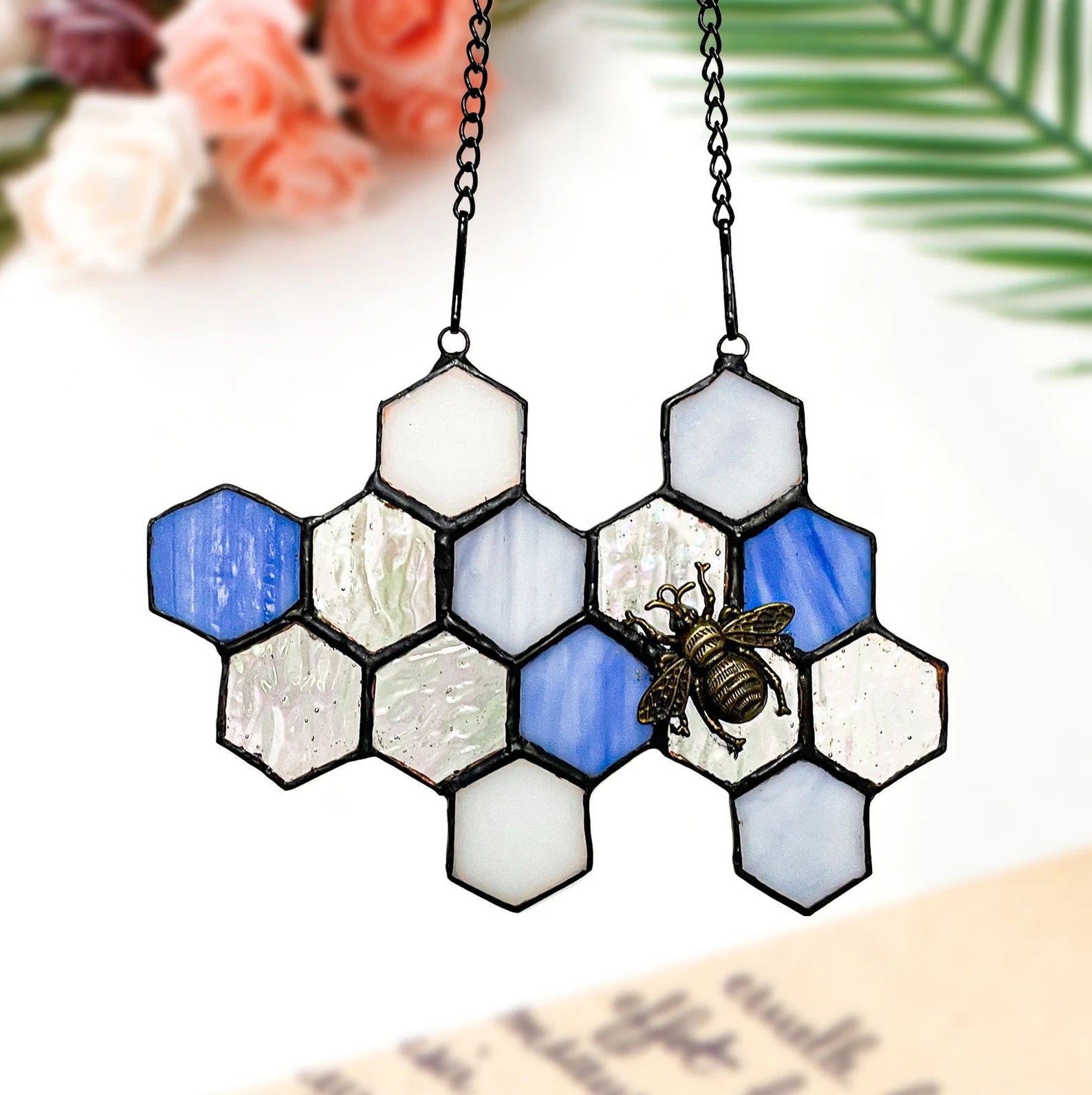 Blue Honeycomb Beehive Stained Glass SunCatcher - Gift for Bee Lovers