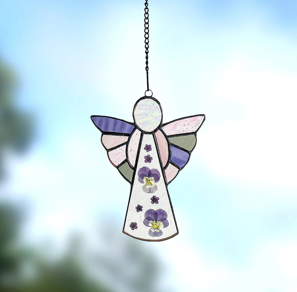 Angel Suncatcher Stained Glass Window Hanging 6.3inch - Pressed Flower Decorations for Window Wall Garden | Sun Catchers Capture The Sunshine Add Brilliance to Your Home,Angel Theme Gift