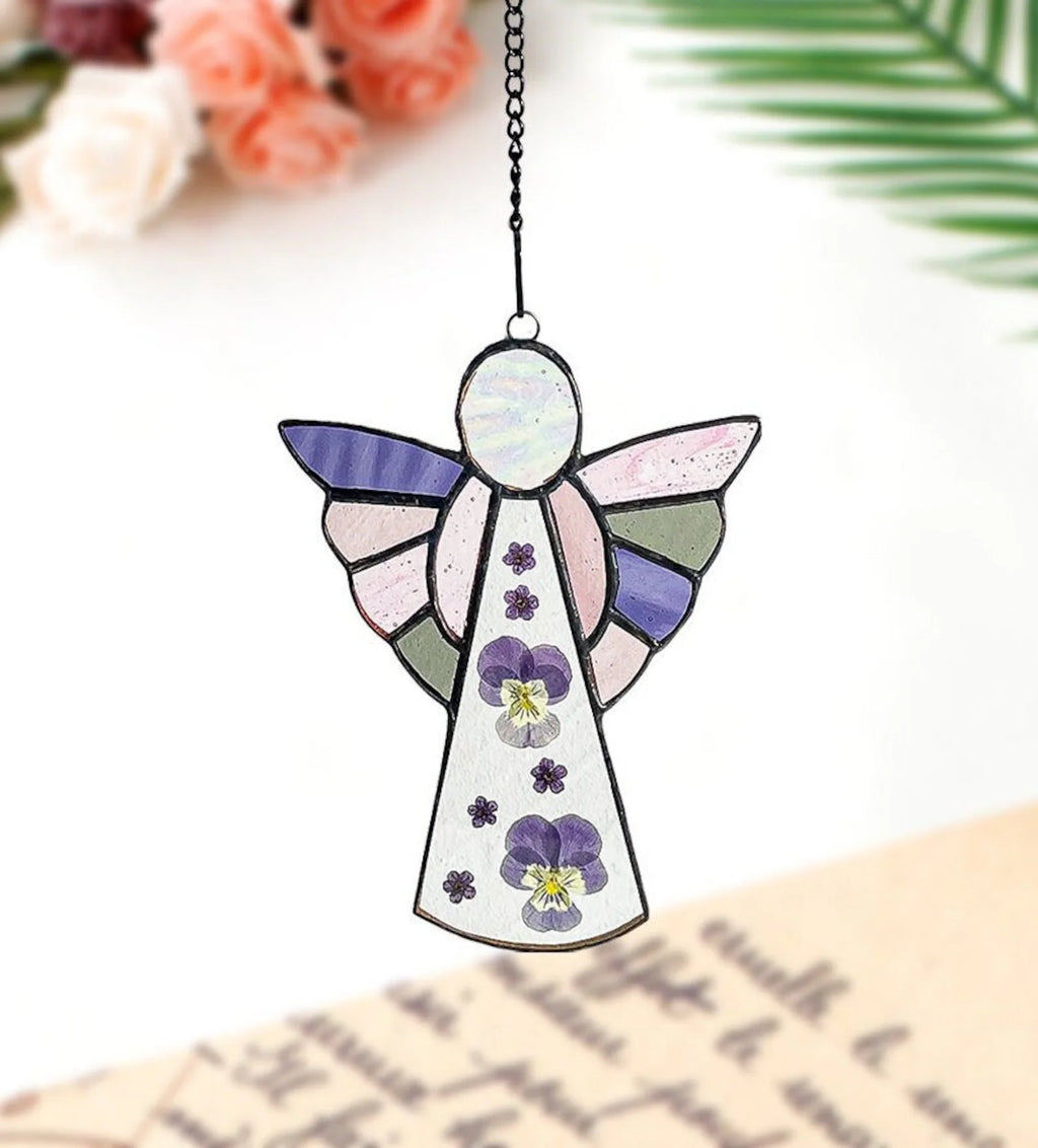 Angel Suncatcher Stained Glass Window Hanging 6.3inch - Pressed Flower Decorations for Window Wall Garden | Sun Catchers Capture The Sunshine Add Brilliance to Your Home,Angel Theme Gift