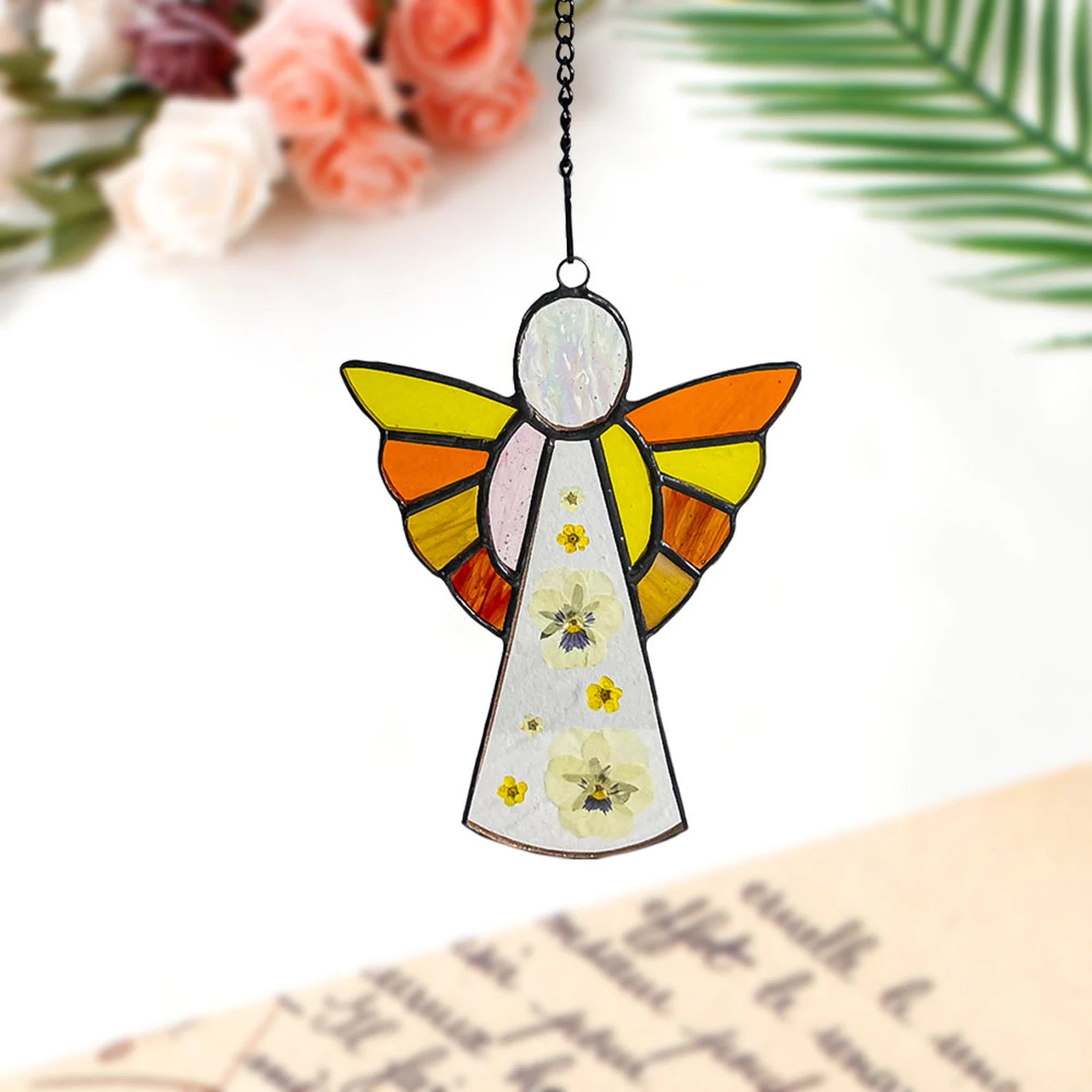 Angel Suncatcher Stained Glass Window Hanging 6.3inch - Pressed Flower Decorations for Window Wall Garden | Sun Catchers Capture The Sunshine Add Brilliance to Your Home,Angel Theme Gift