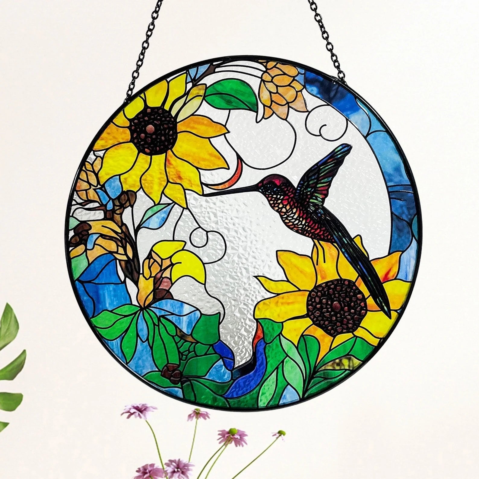Hummingbird and Sunflowers Stained Glass Suncatcher/Window Hanging