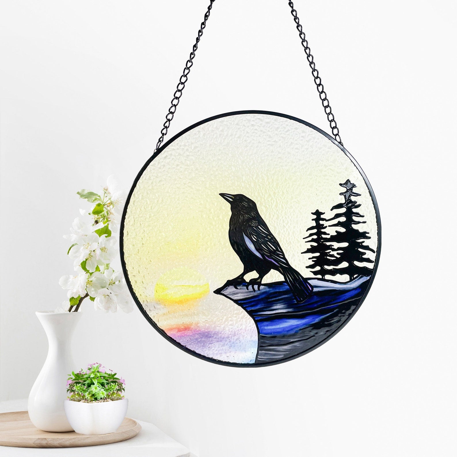 Raven on Cliff Stained Glass Suncatcher