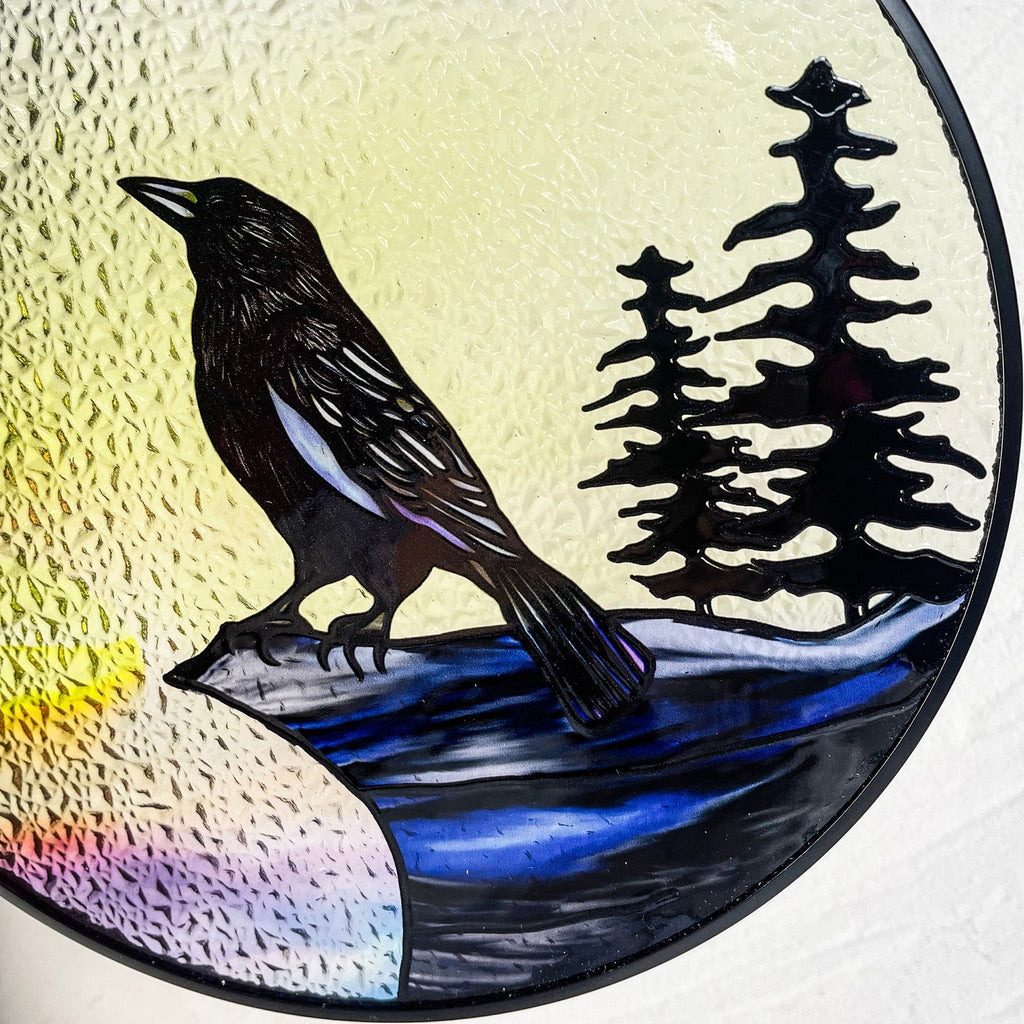 Raven on Cliff Stained Glass Suncatcher