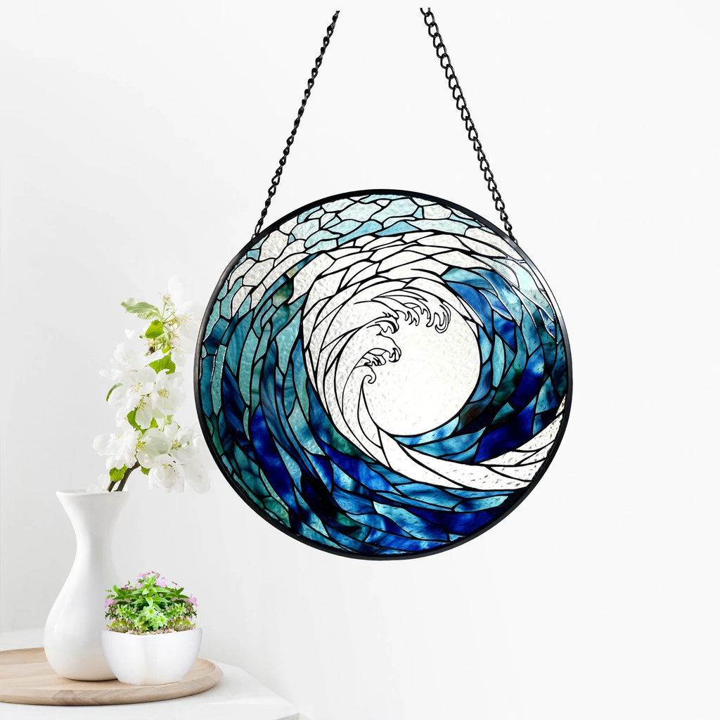 Ocean Waves Stained Glass Suncatcher - Decorative Wall Art