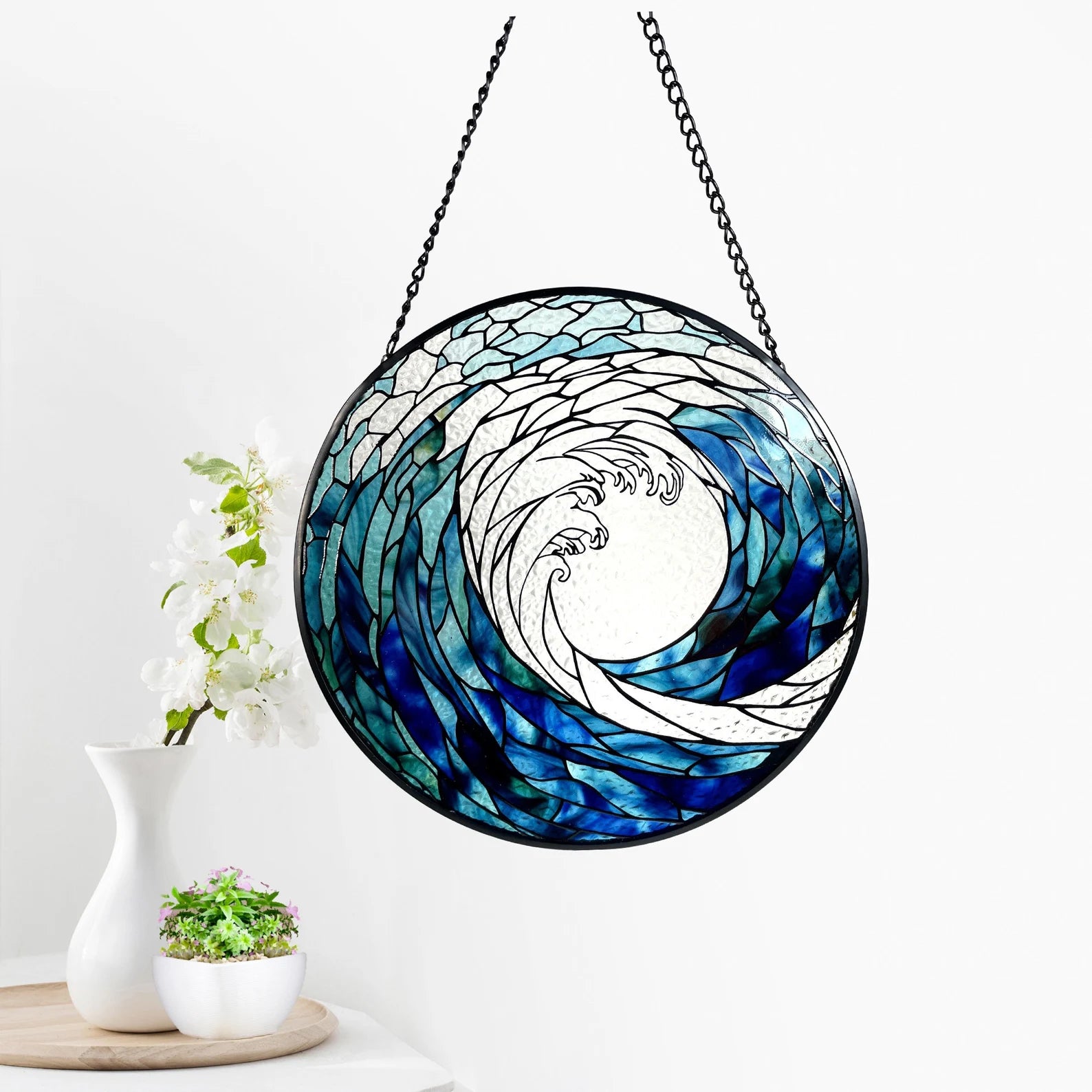 Ocean Waves Stained Glass Suncatcher - Decorative Wall Art