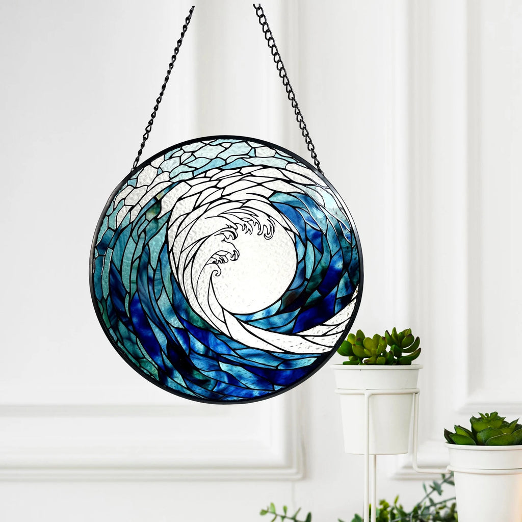 Ocean Waves Stained Glass Suncatcher - Decorative Wall Art