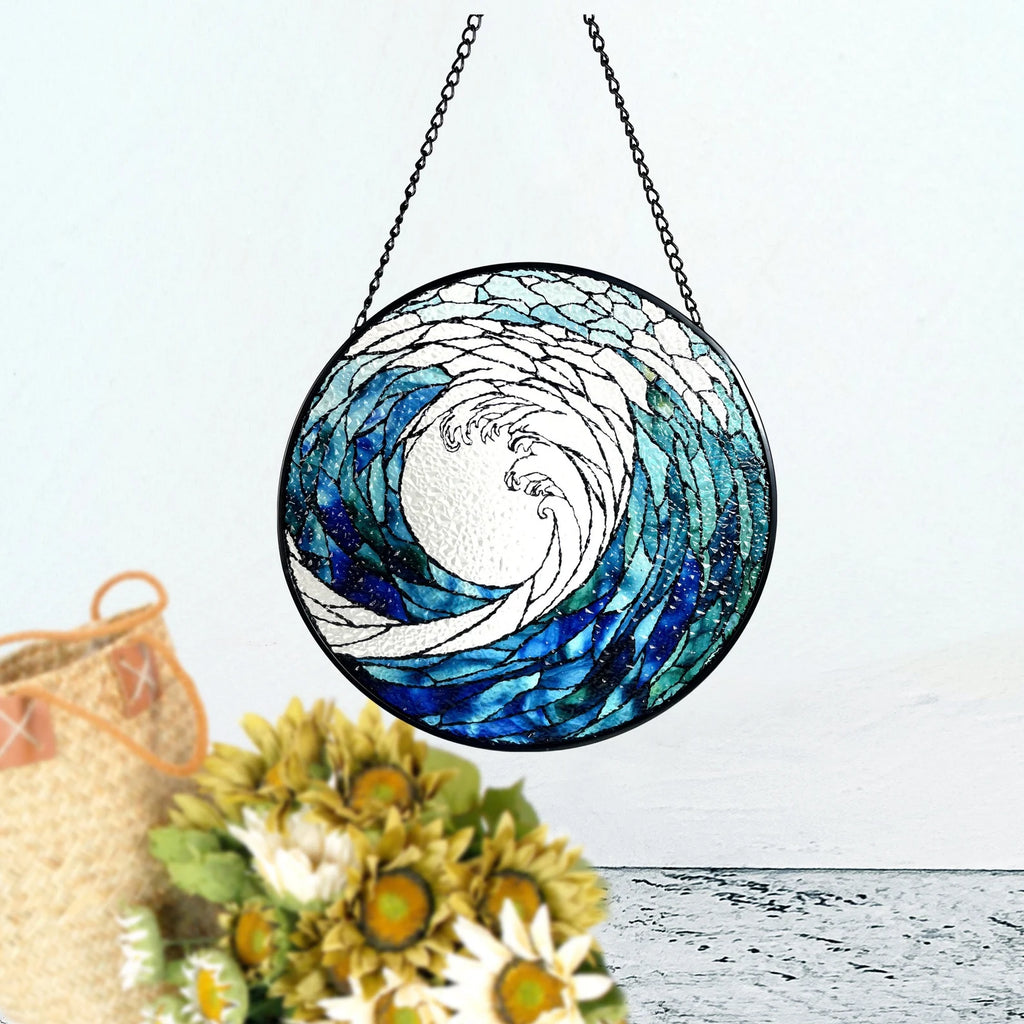 Ocean Waves Stained Glass Suncatcher - Decorative Wall Art