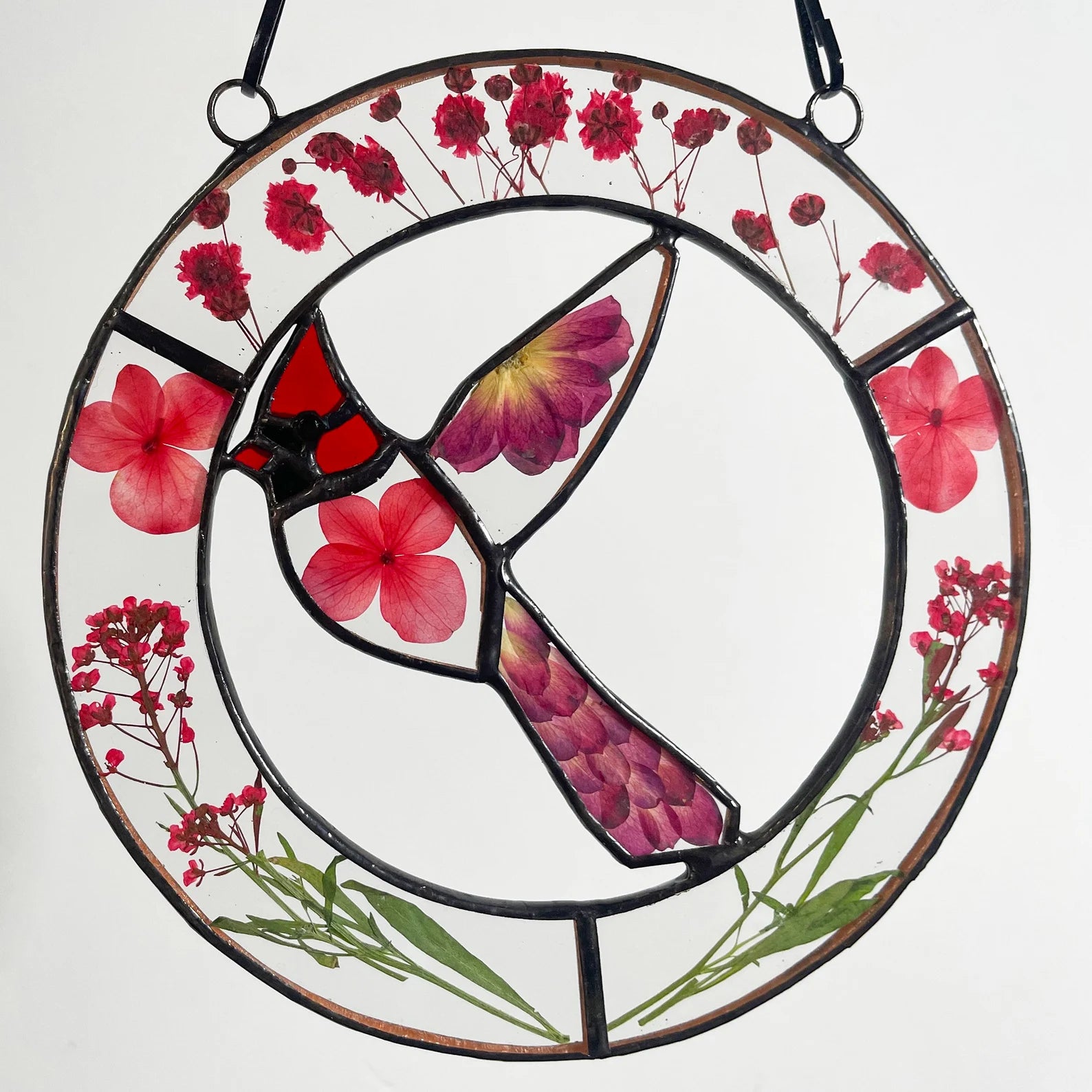 Real Red Pressed Dried Flowers and Cardinal Stained Glass Suncatchers