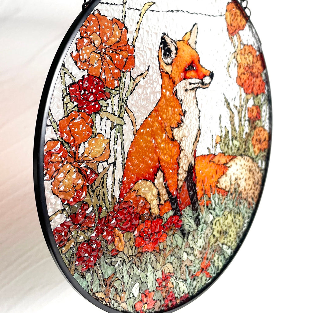 Fox Among California Poppies Stained Glass Suncatcher, Gifts, Wall Art, Window Hanging, Indoor Decor, Sun Catcher