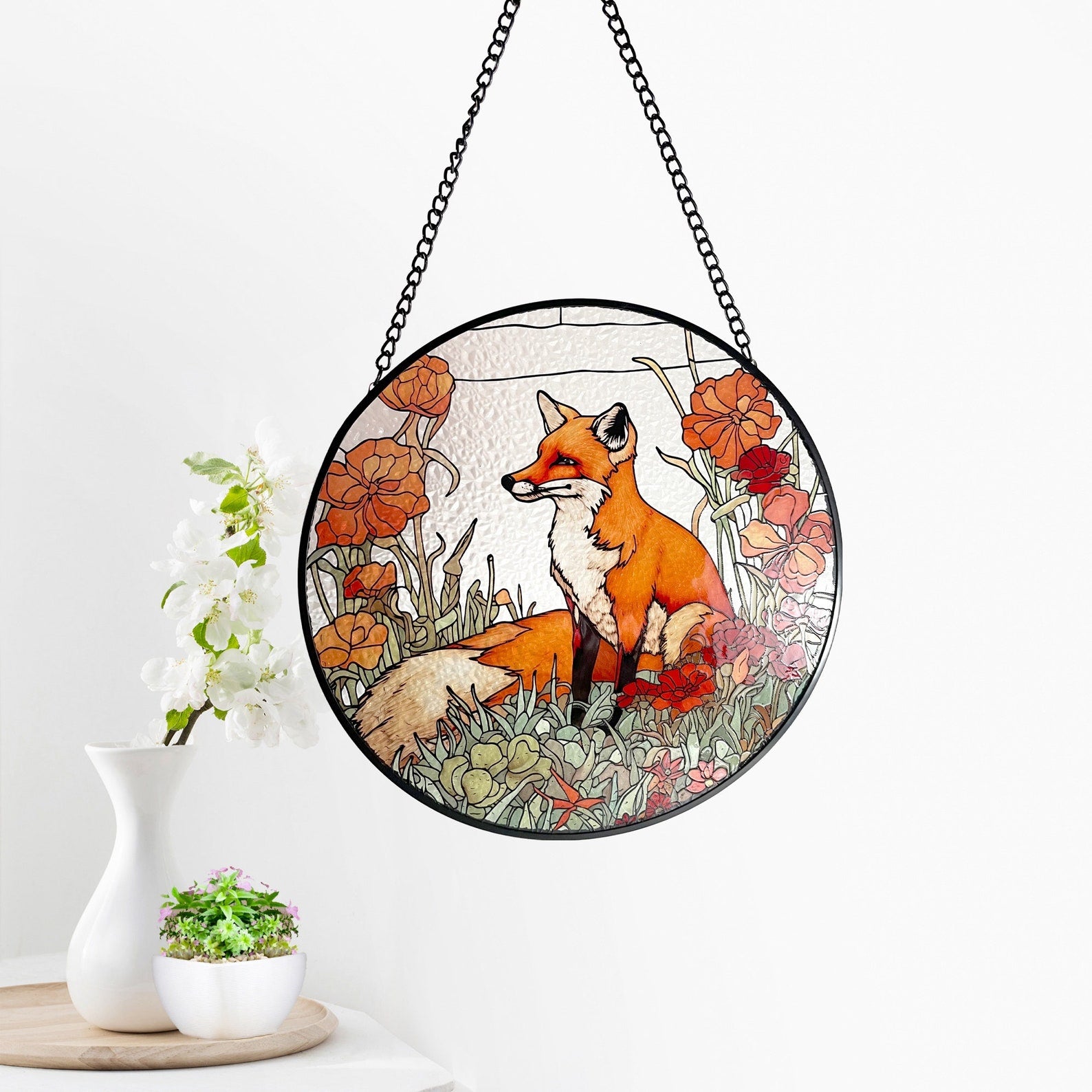 Fox Among California Poppies Stained Glass Suncatcher, Gifts, Wall Art, Window Hanging, Indoor Decor, Sun Catcher