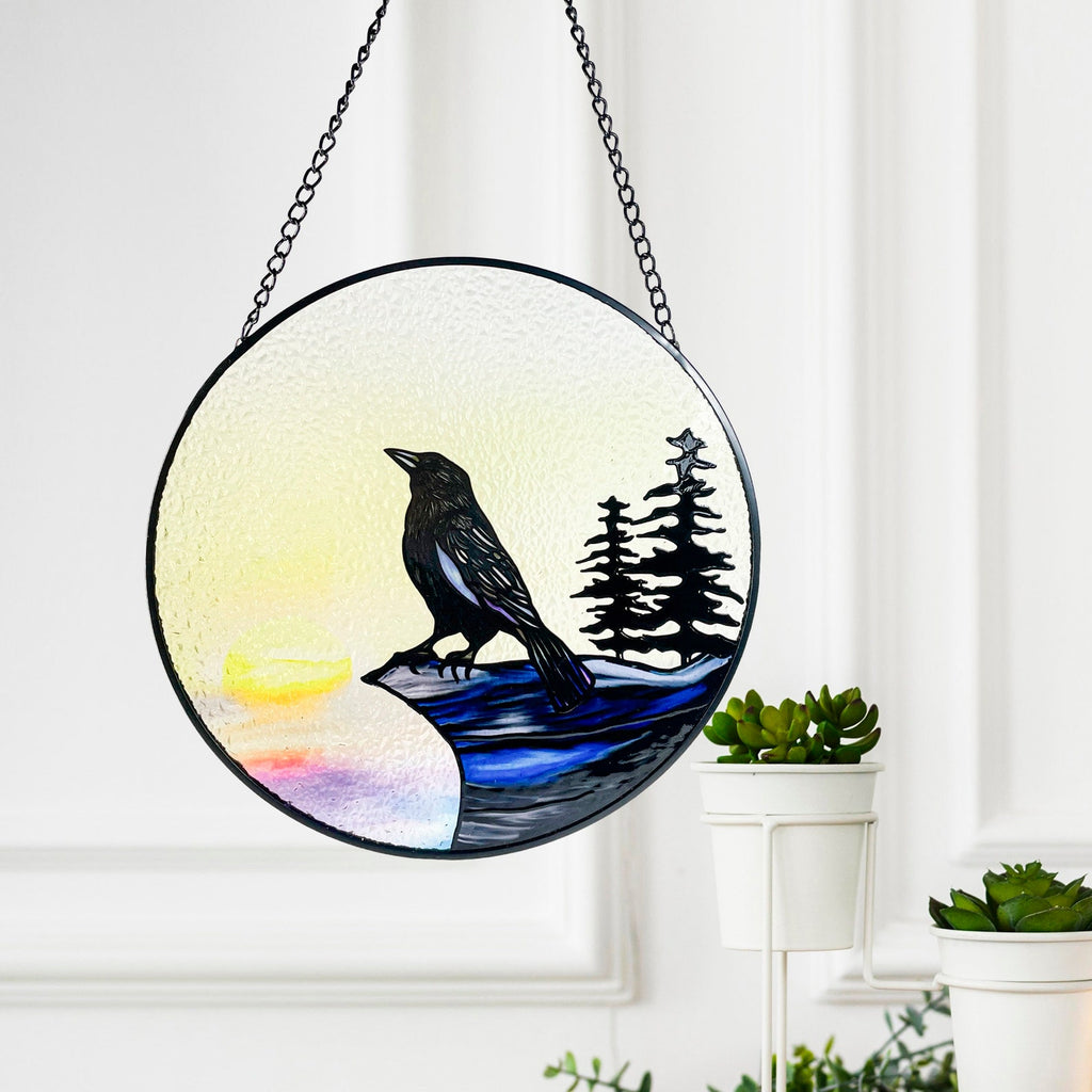 Raven on Cliff Stained Glass Suncatcher