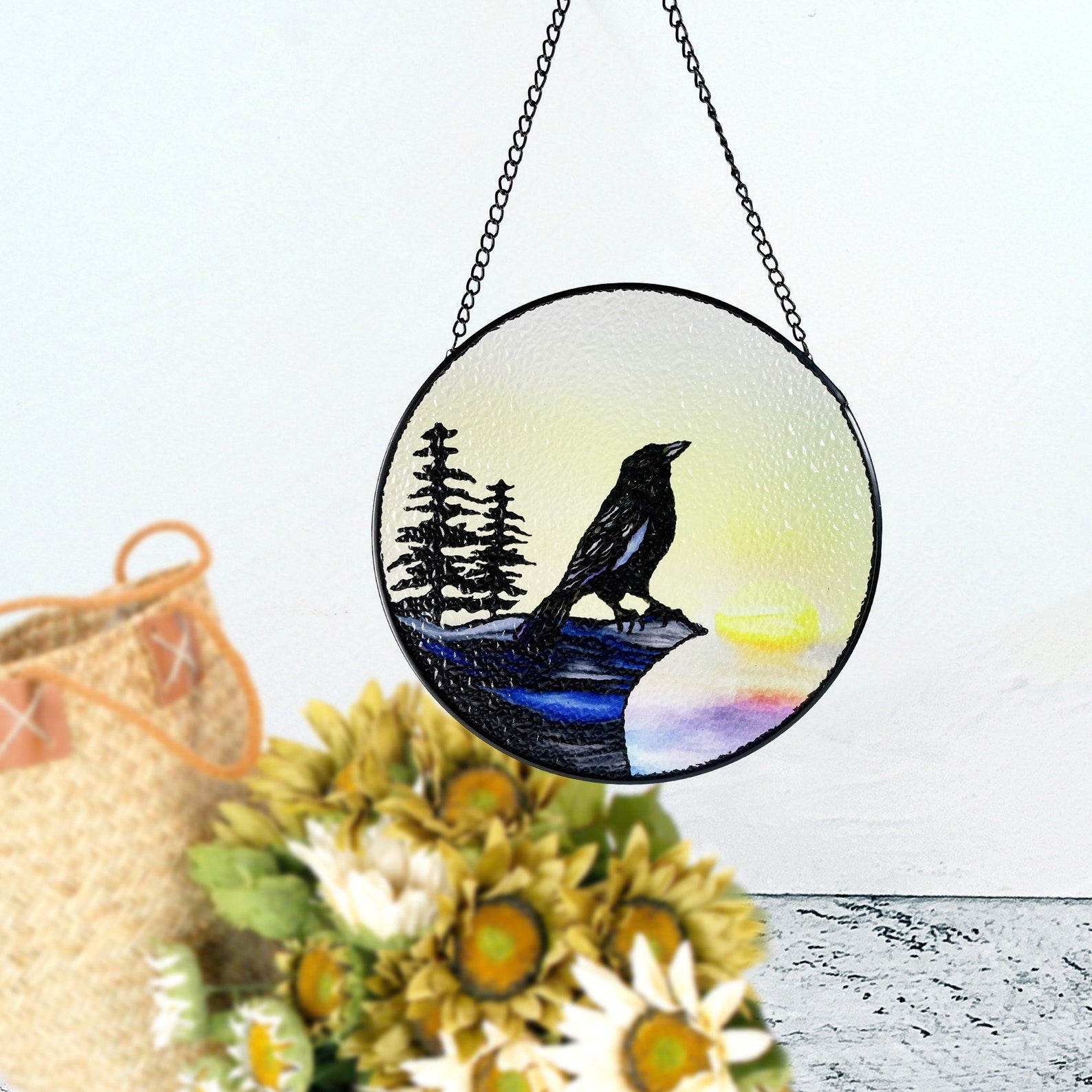 Raven on Cliff Stained Glass Suncatcher