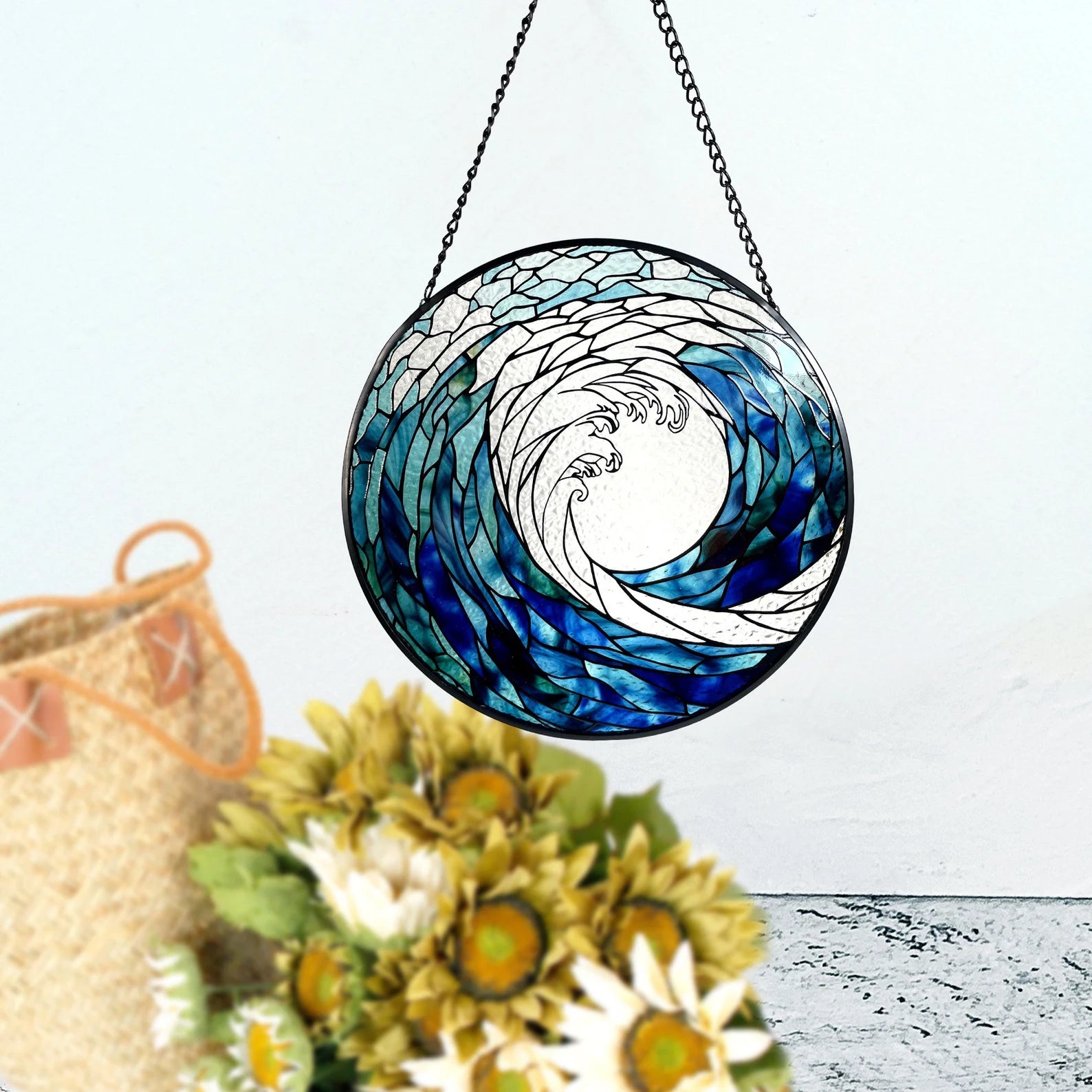 Ocean Waves Stained Glass Suncatcher - Decorative Wall Art