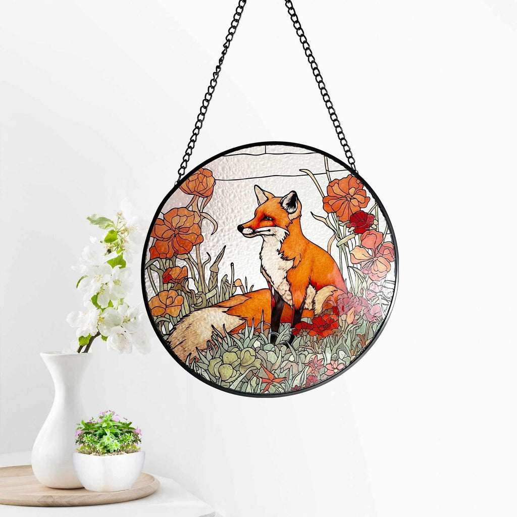 Fox Among California Poppies Stained Glass Suncatcher, Gifts, Wall Art, Window Hanging, Indoor Decor, Sun Catcher