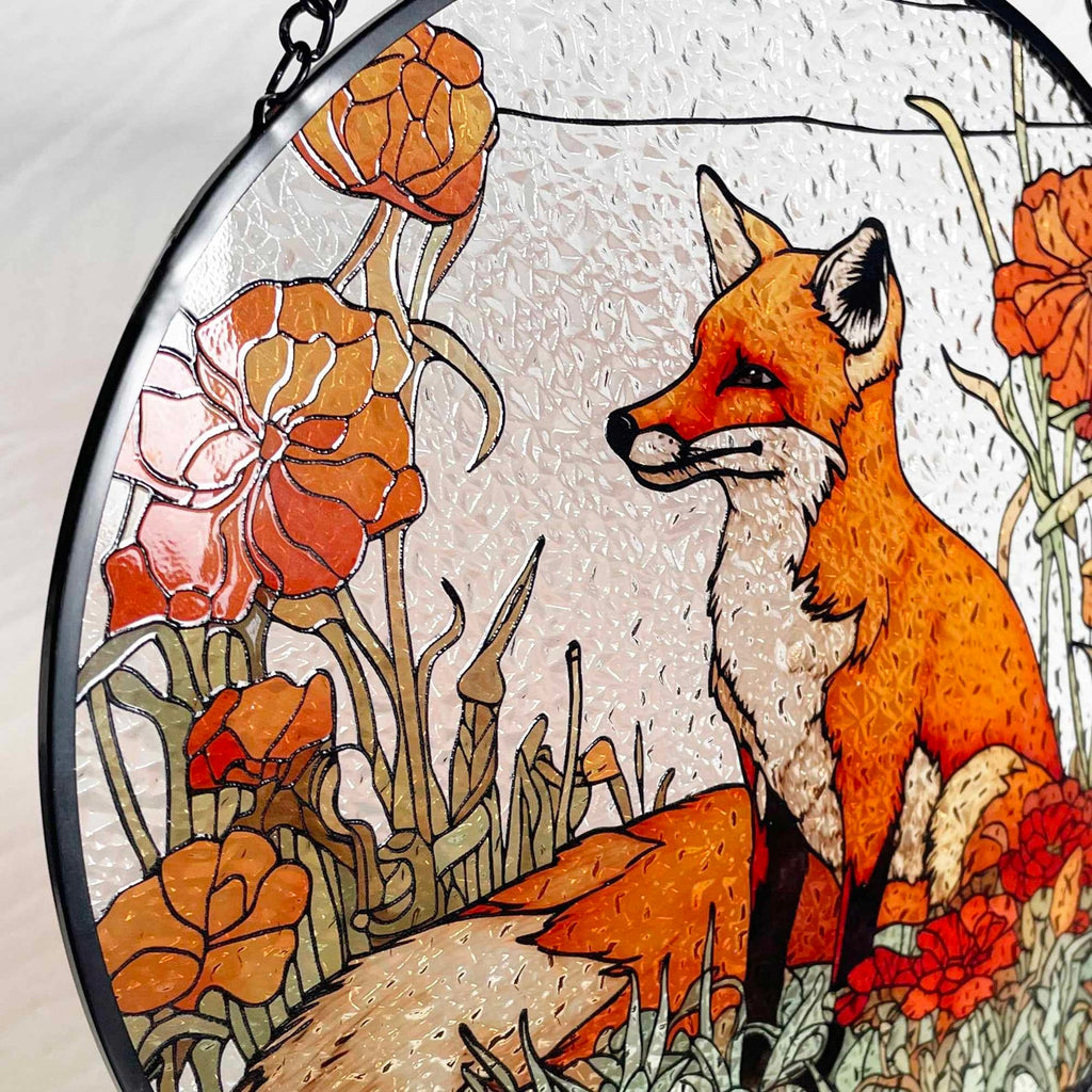 Fox Among California Poppies Stained Glass Suncatcher, Gifts, Wall Art, Window Hanging, Indoor Decor, Sun Catcher