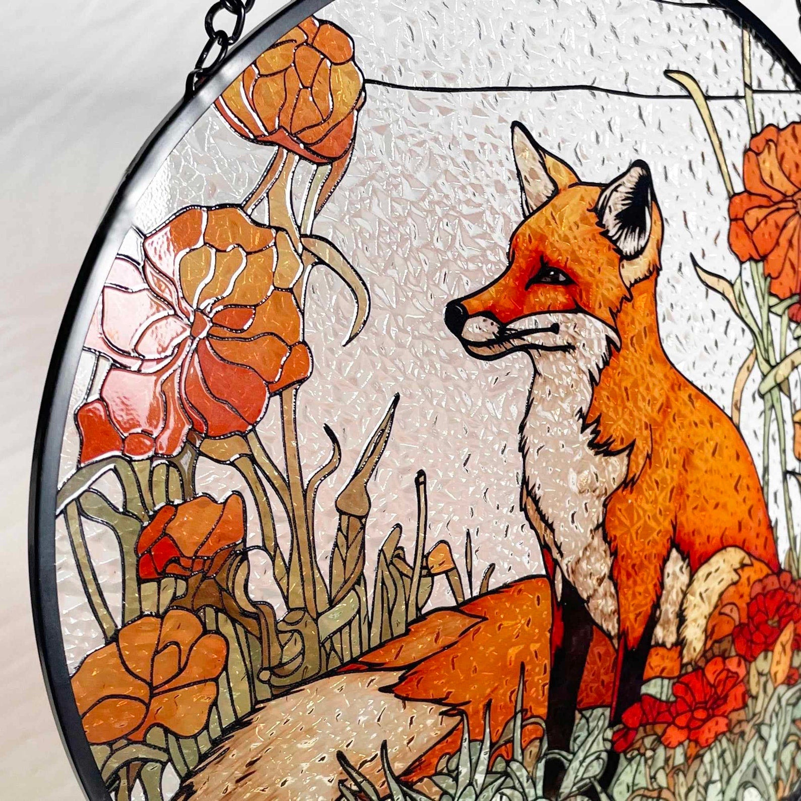 Fox Among California Poppies Stained Glass Suncatcher, Gifts, Wall Art, Window Hanging, Indoor Decor, Sun Catcher