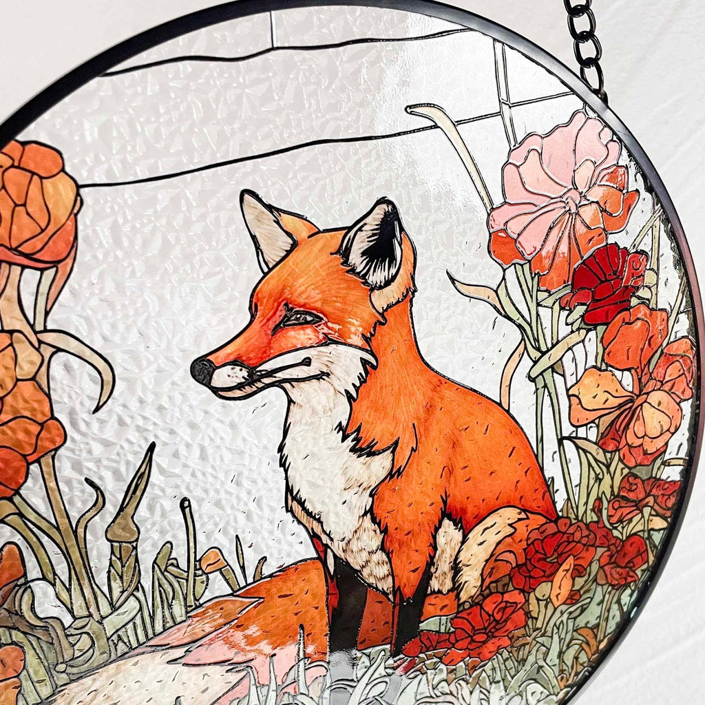 Fox Among California Poppies Stained Glass Suncatcher, Gifts, Wall Art, Window Hanging, Indoor Decor, Sun Catcher