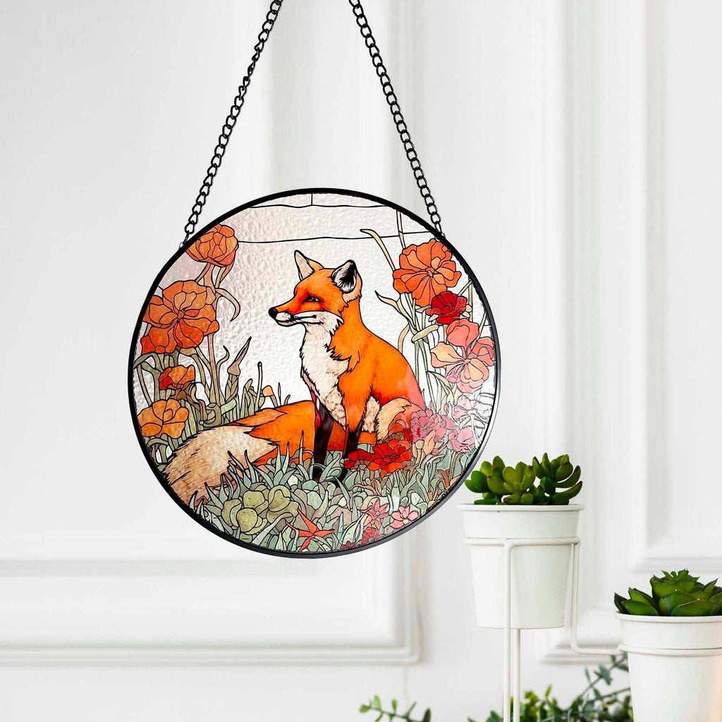 Fox Among California Poppies Stained Glass Suncatcher, Gifts, Wall Art, Window Hanging, Indoor Decor, Sun Catcher