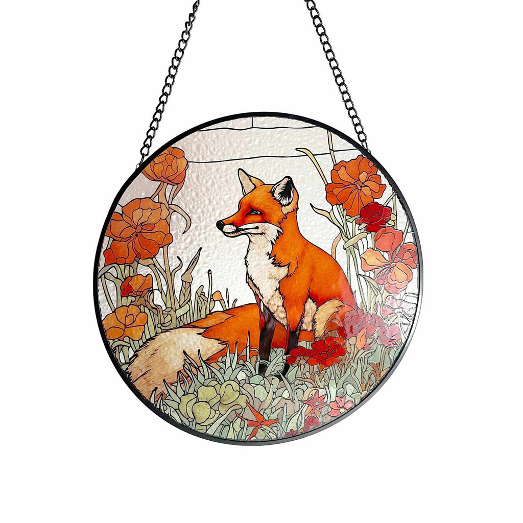 Fox Among California Poppies Stained Glass Suncatcher, Gifts, Wall Art, Window Hanging, Indoor Decor, Sun Catcher