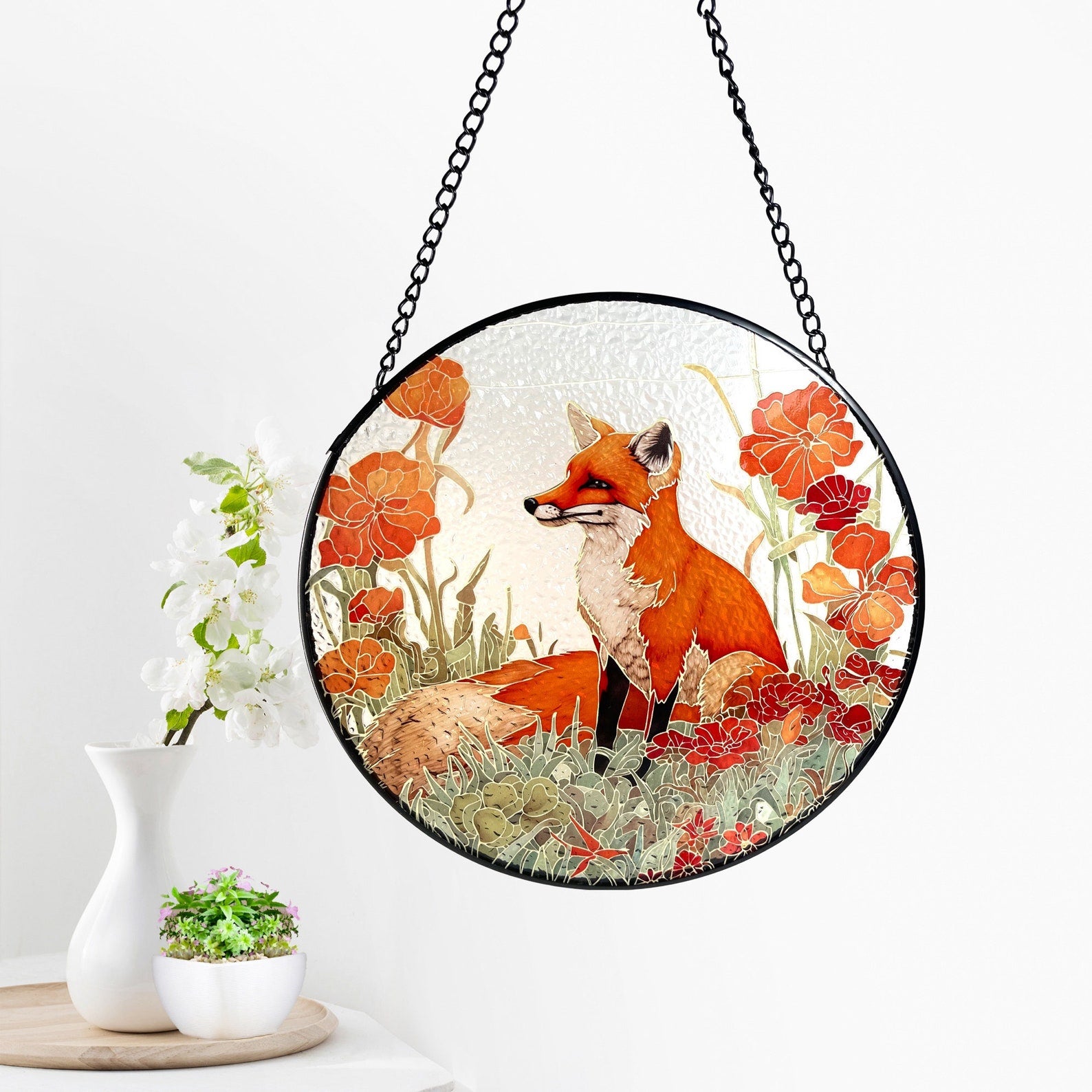 Fox Among California Poppies Stained Glass Suncatcher, Gifts, Wall Art, Window Hanging, Indoor Decor, Sun Catcher