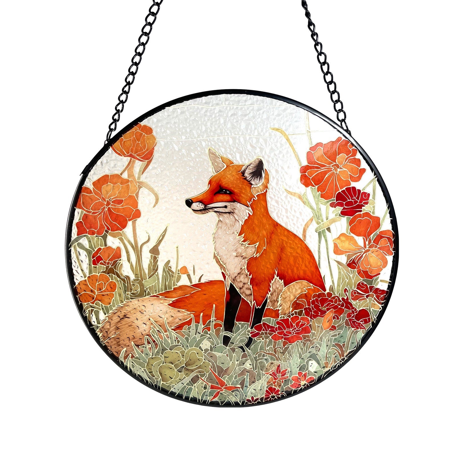 Fox Among California Poppies Stained Glass Suncatcher, Gifts, Wall Art, Window Hanging, Indoor Decor, Sun Catcher