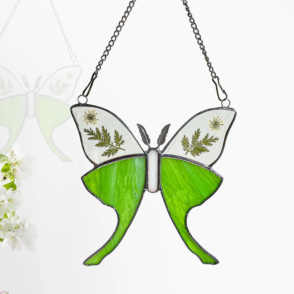 Green Glass Luna Moth Stained Glass Window Hanging