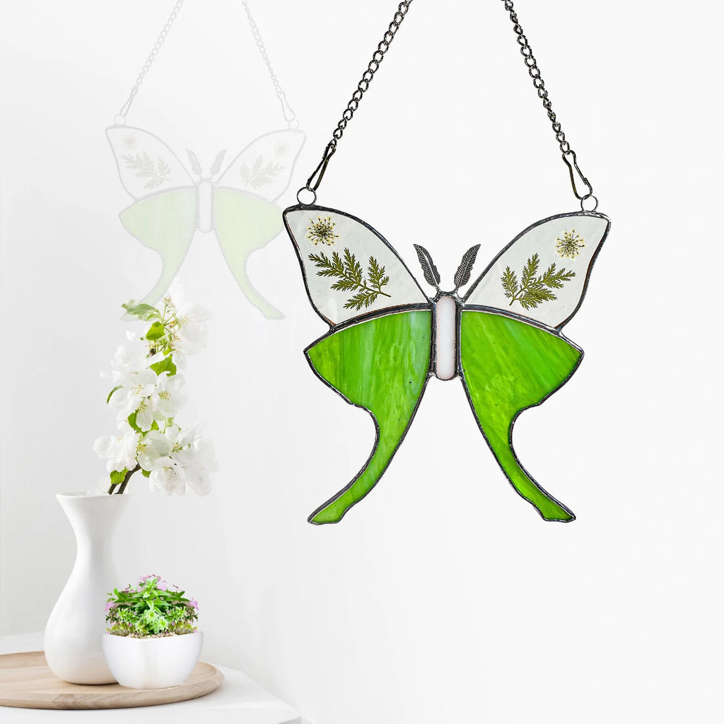Green Glass Luna Moth Stained Glass Window Hanging