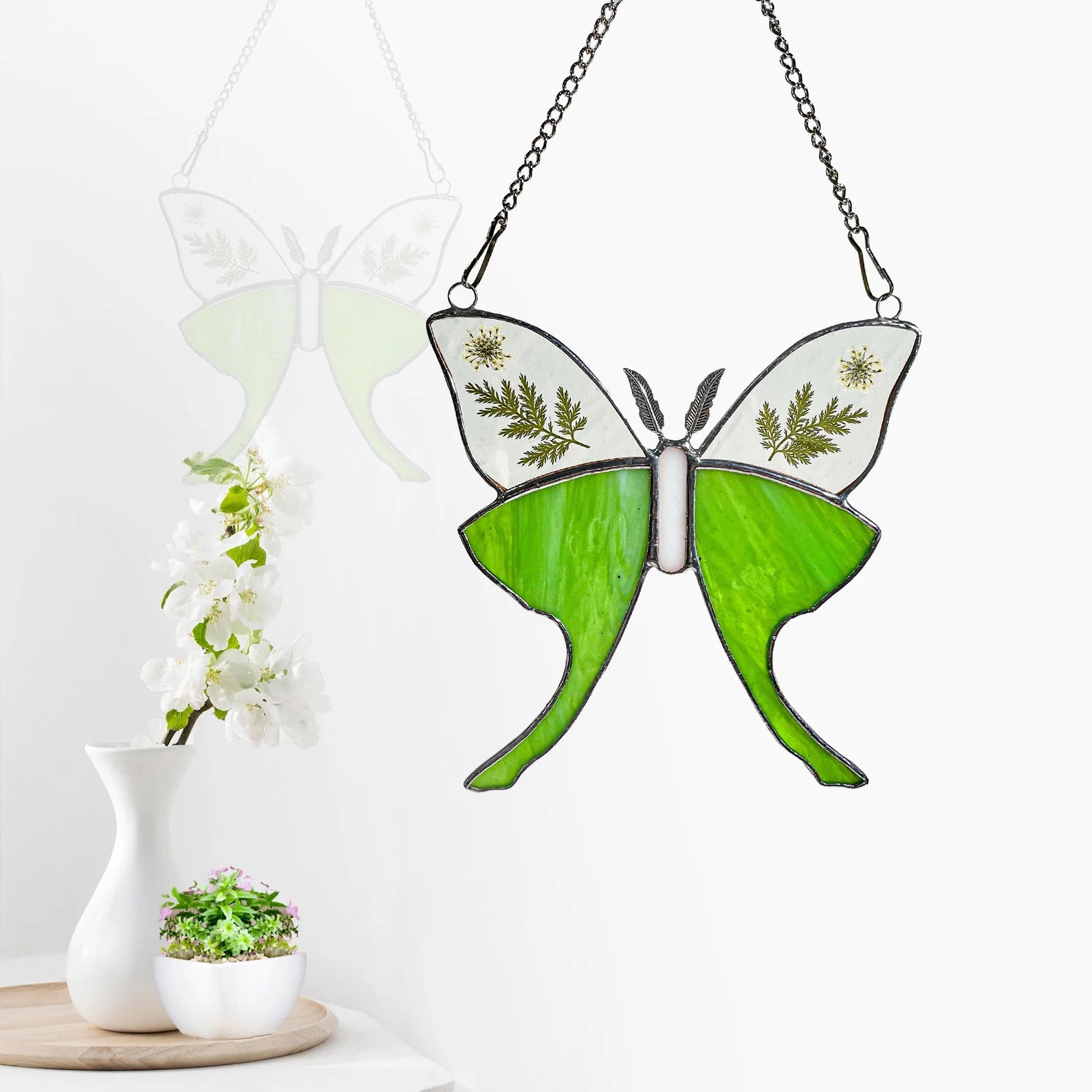 Green Glass Luna Moth Stained Glass Window Hanging