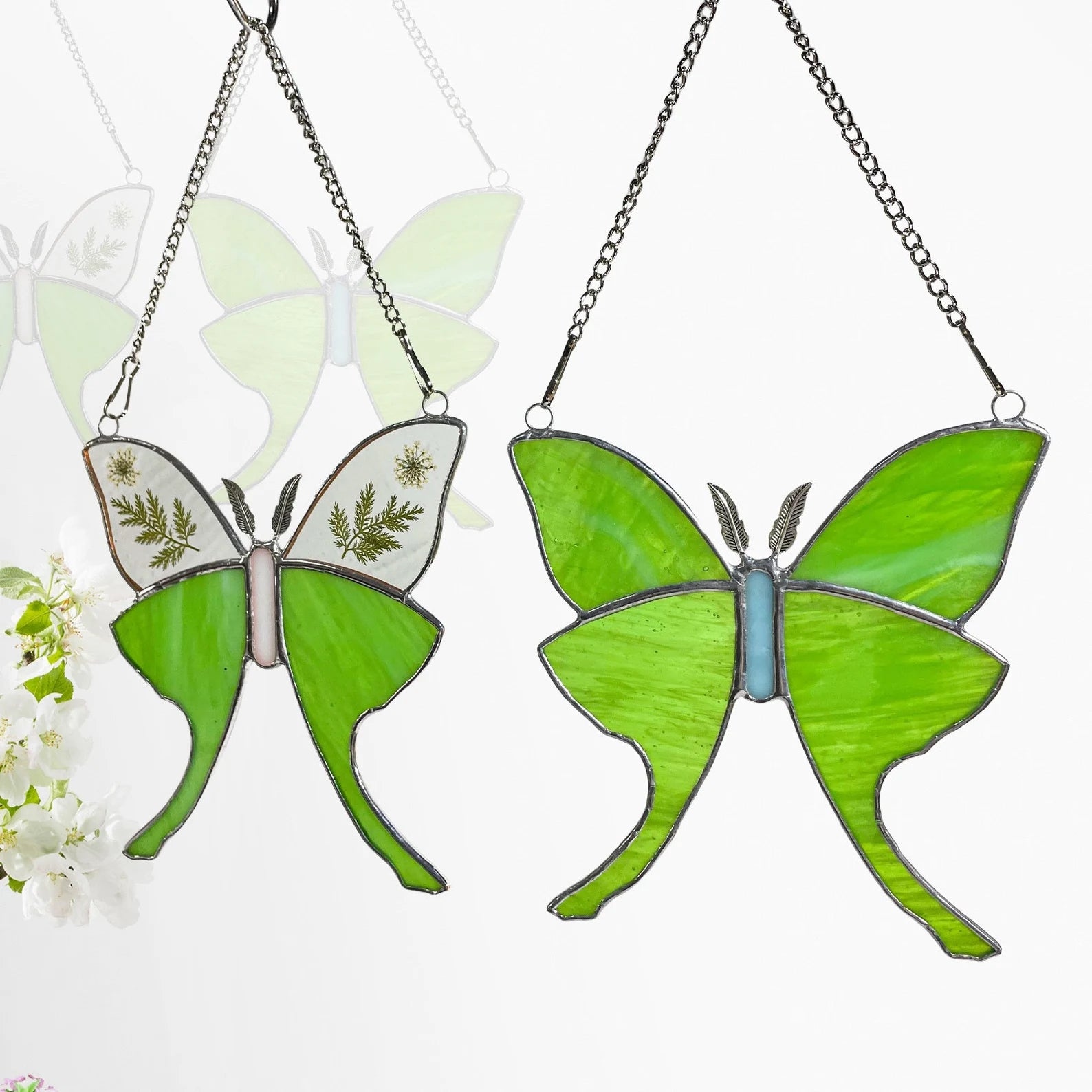 Green Glass Luna Moth Stained Glass Window Hanging