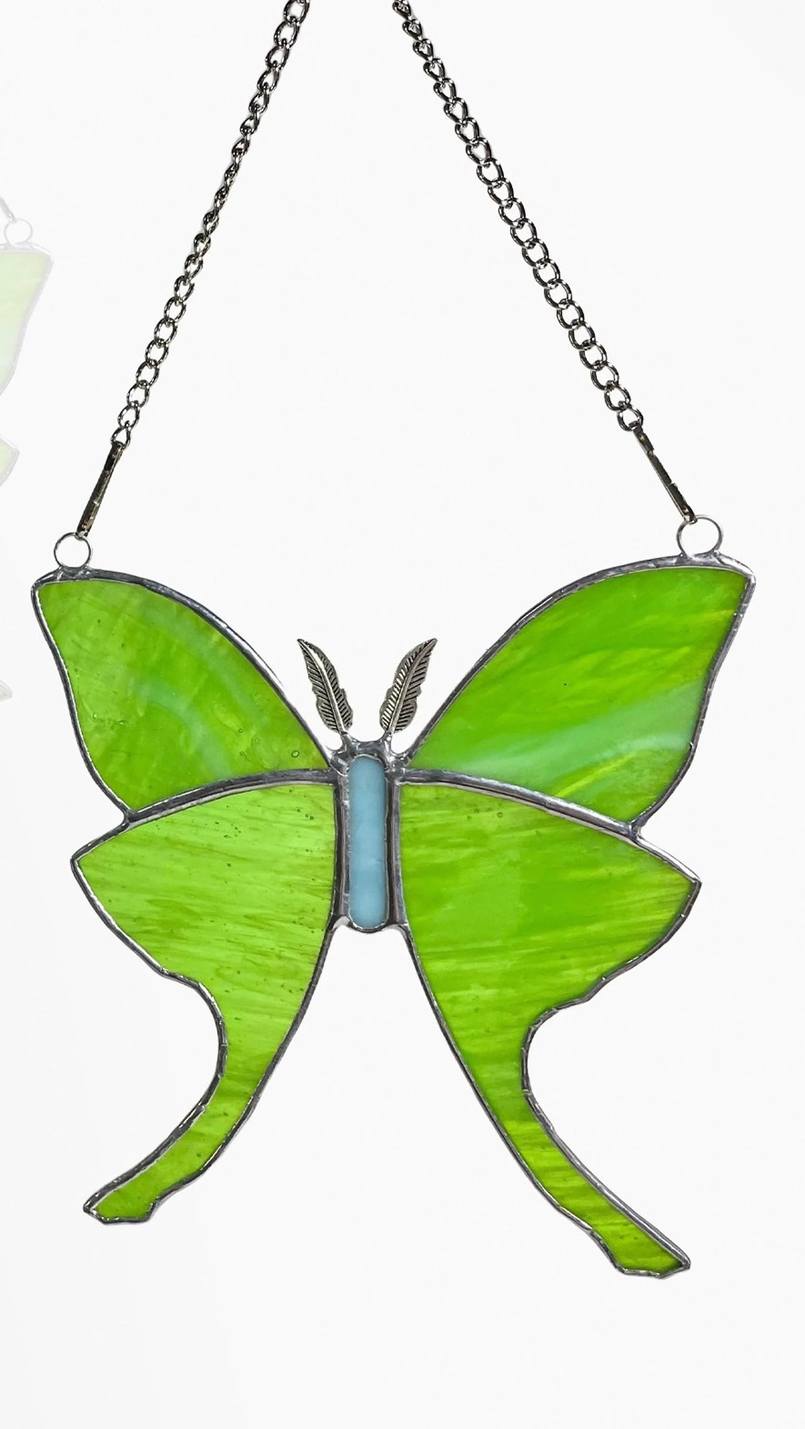 Green Glass Luna Moth Stained Glass Window Hanging