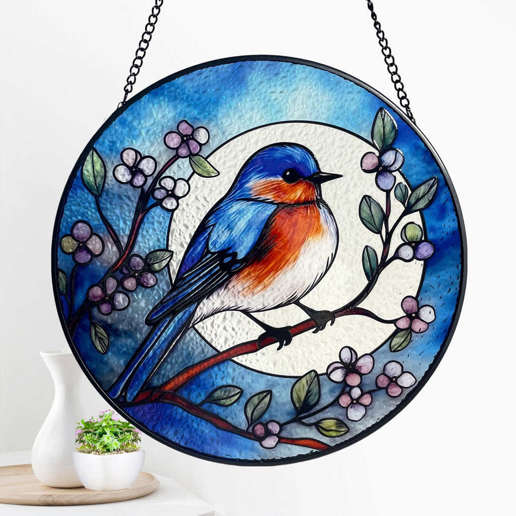Bluebird and Full Moon Stained Glass Suncatcher, Blue Bird, Gifts, Window Hanging, Indoor Decor, Sun Catcher