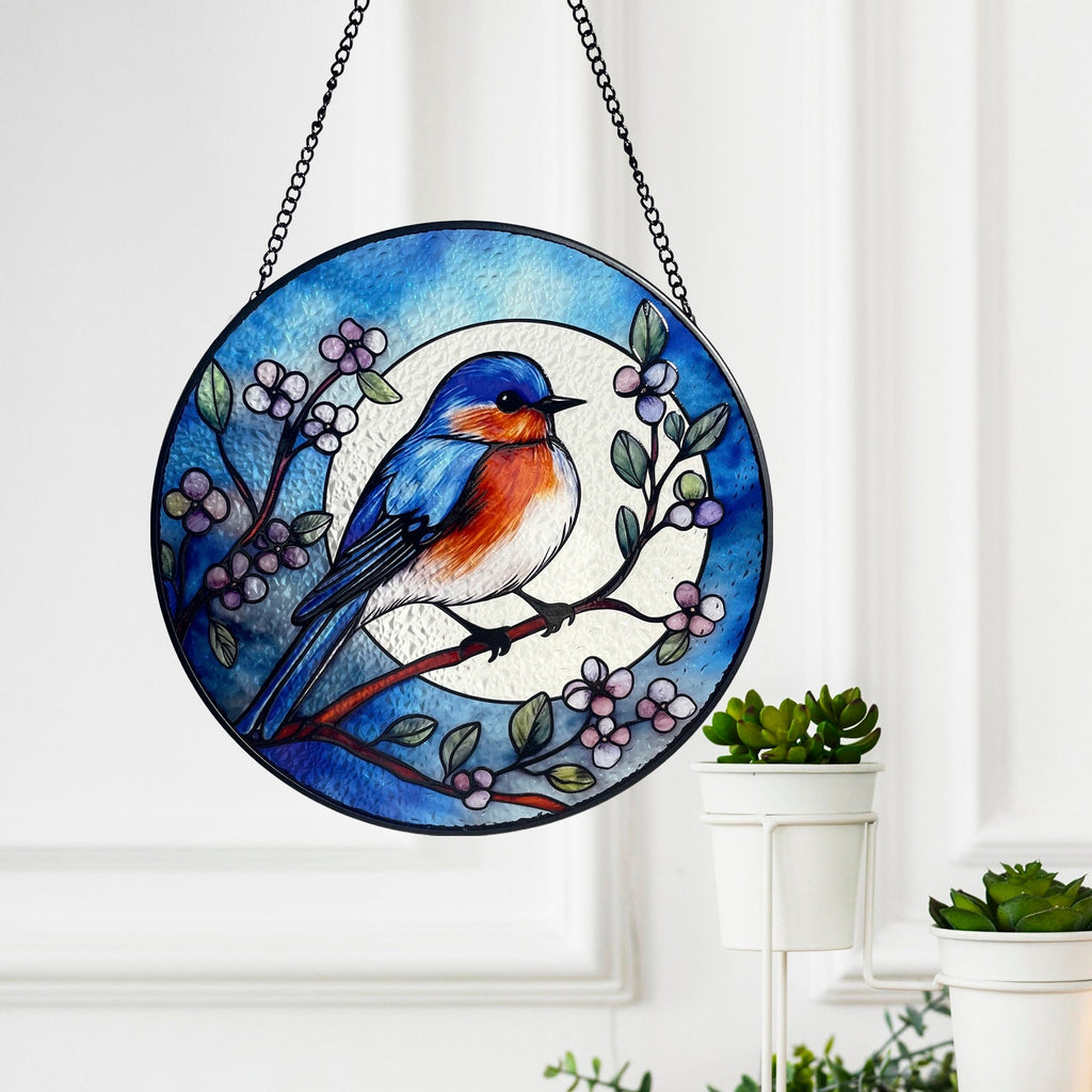 Bluebird and Full Moon Stained Glass Suncatcher, Blue Bird, Gifts, Window Hanging, Indoor Decor, Sun Catcher