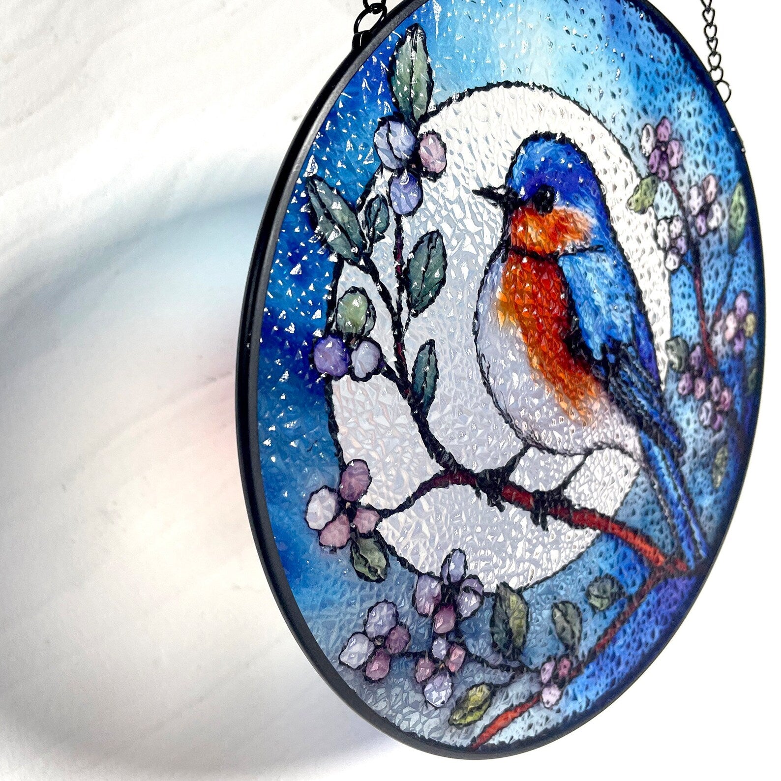 Bluebird and Full Moon Stained Glass Suncatcher, Blue Bird, Gifts, Window Hanging, Indoor Decor, Sun Catcher