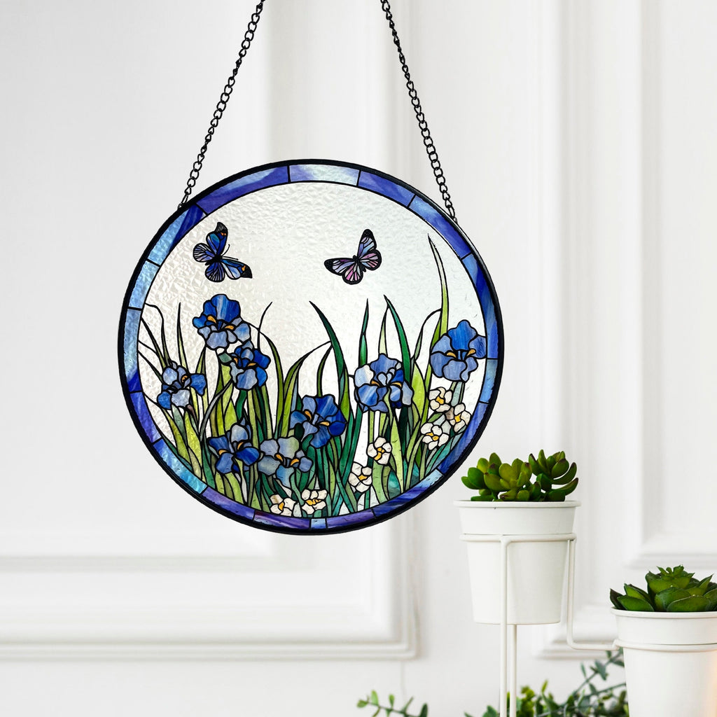 Blue Irises and Butterflies Stained Glass Suncatcher, Iris Flowers, Butterfly, Gifts, Window Hanging, Indoor Decor, Sun Catcher