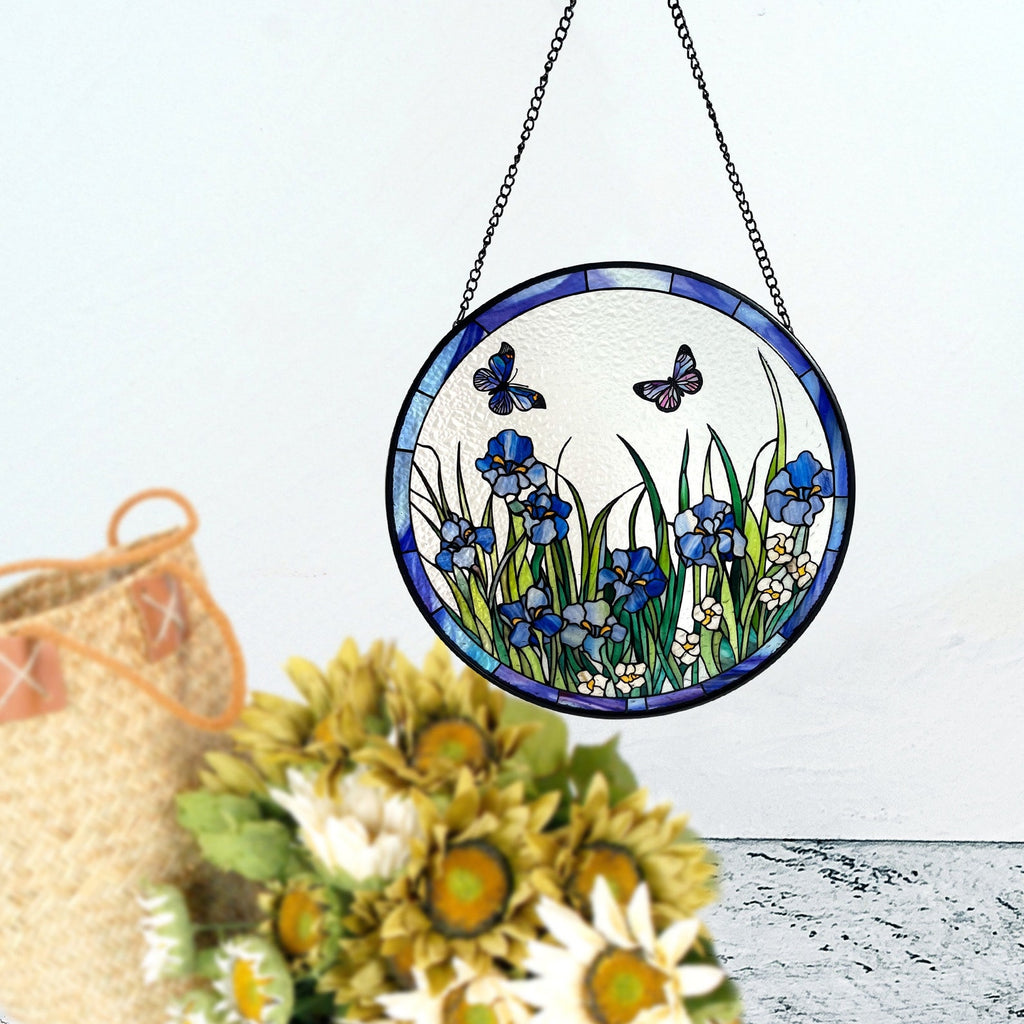 Blue Irises and Butterflies Stained Glass Suncatcher, Iris Flowers, Butterfly, Gifts, Window Hanging, Indoor Decor, Sun Catcher