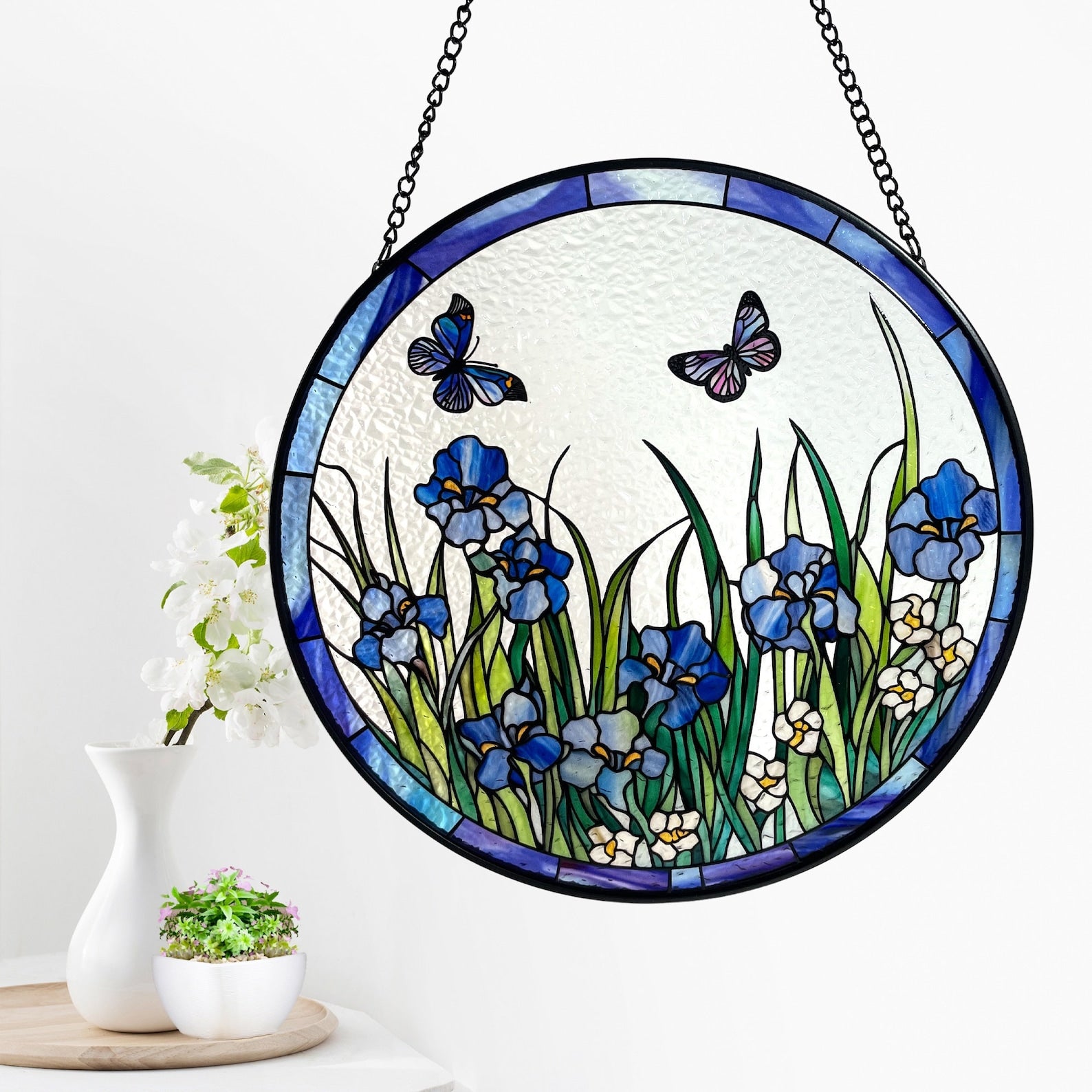 Blue Irises and Butterflies Stained Glass Suncatcher, Iris Flowers, Butterfly, Gifts, Window Hanging, Indoor Decor, Sun Catcher
