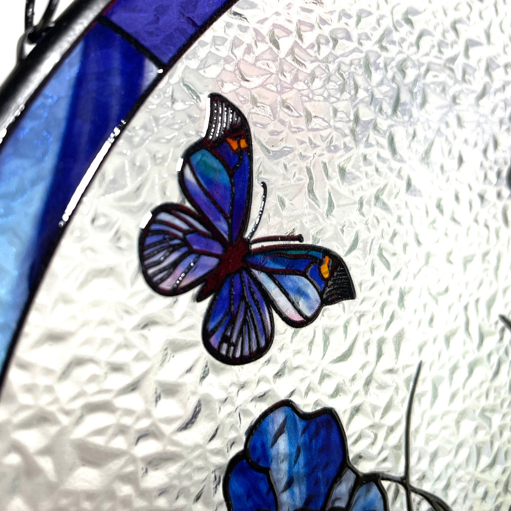 Blue Irises and Butterflies Stained Glass Suncatcher, Iris Flowers, Butterfly, Gifts, Window Hanging, Indoor Decor, Sun Catcher