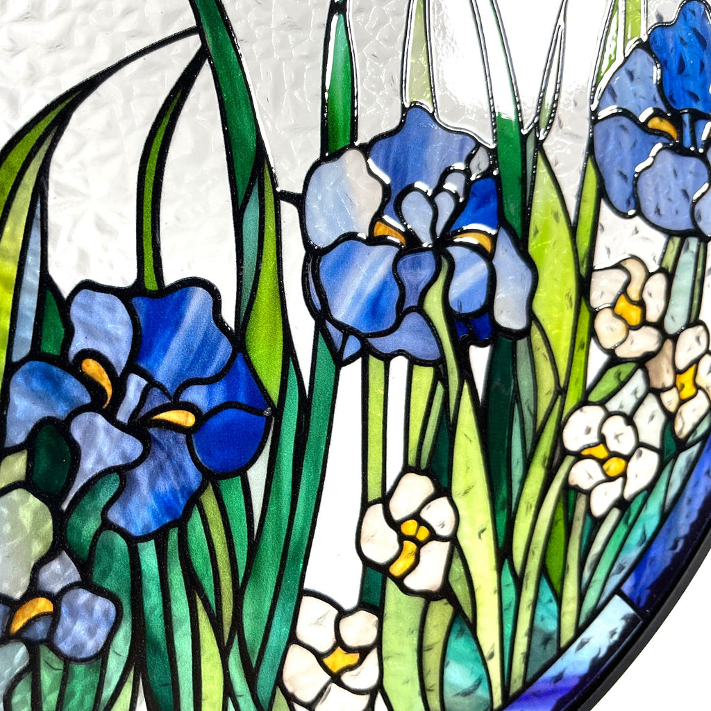 Blue Irises and Butterflies Stained Glass Suncatcher, Iris Flowers, Butterfly, Gifts, Window Hanging, Indoor Decor, Sun Catcher