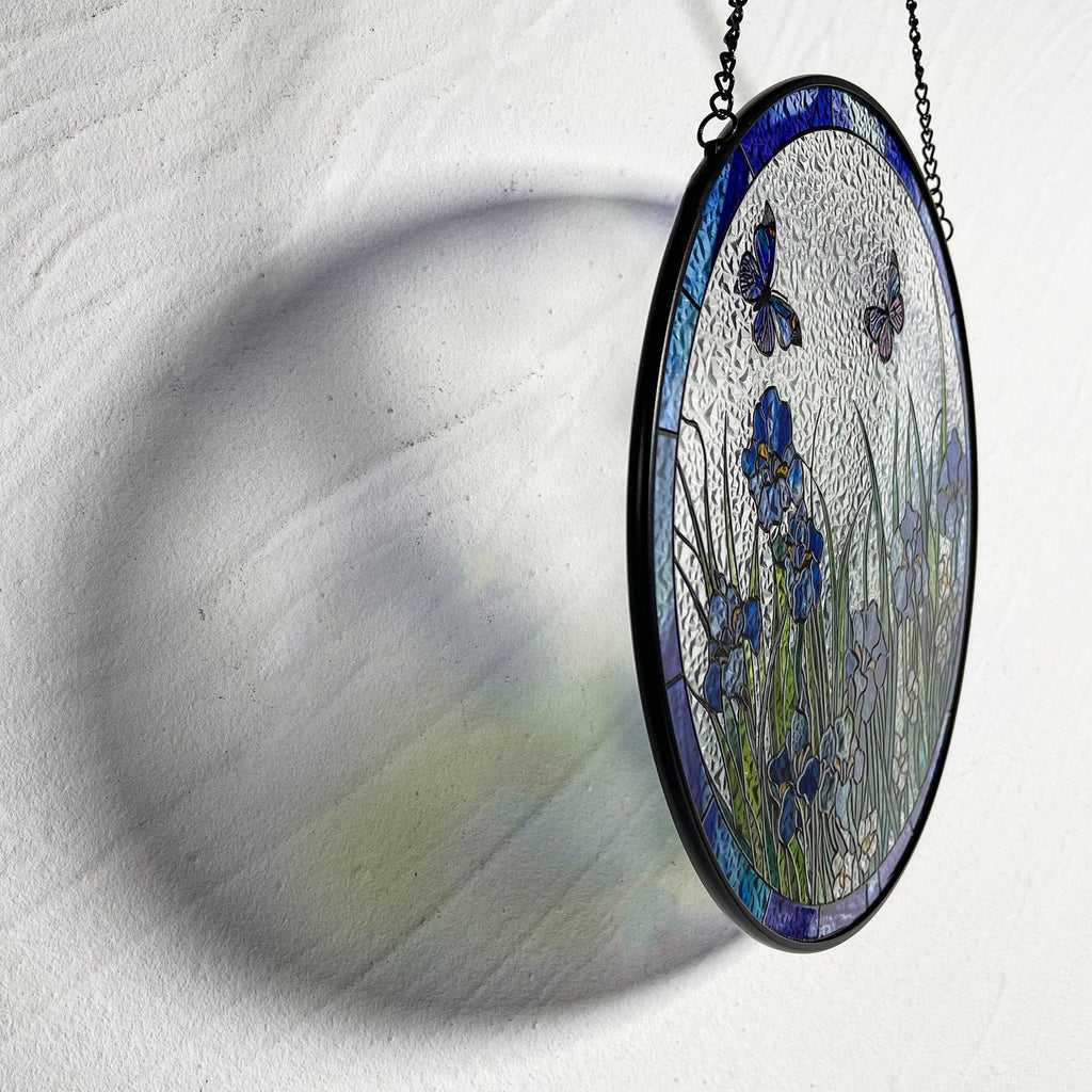 Blue Irises and Butterflies Stained Glass Suncatcher, Iris Flowers, Butterfly, Gifts, Window Hanging, Indoor Decor, Sun Catcher